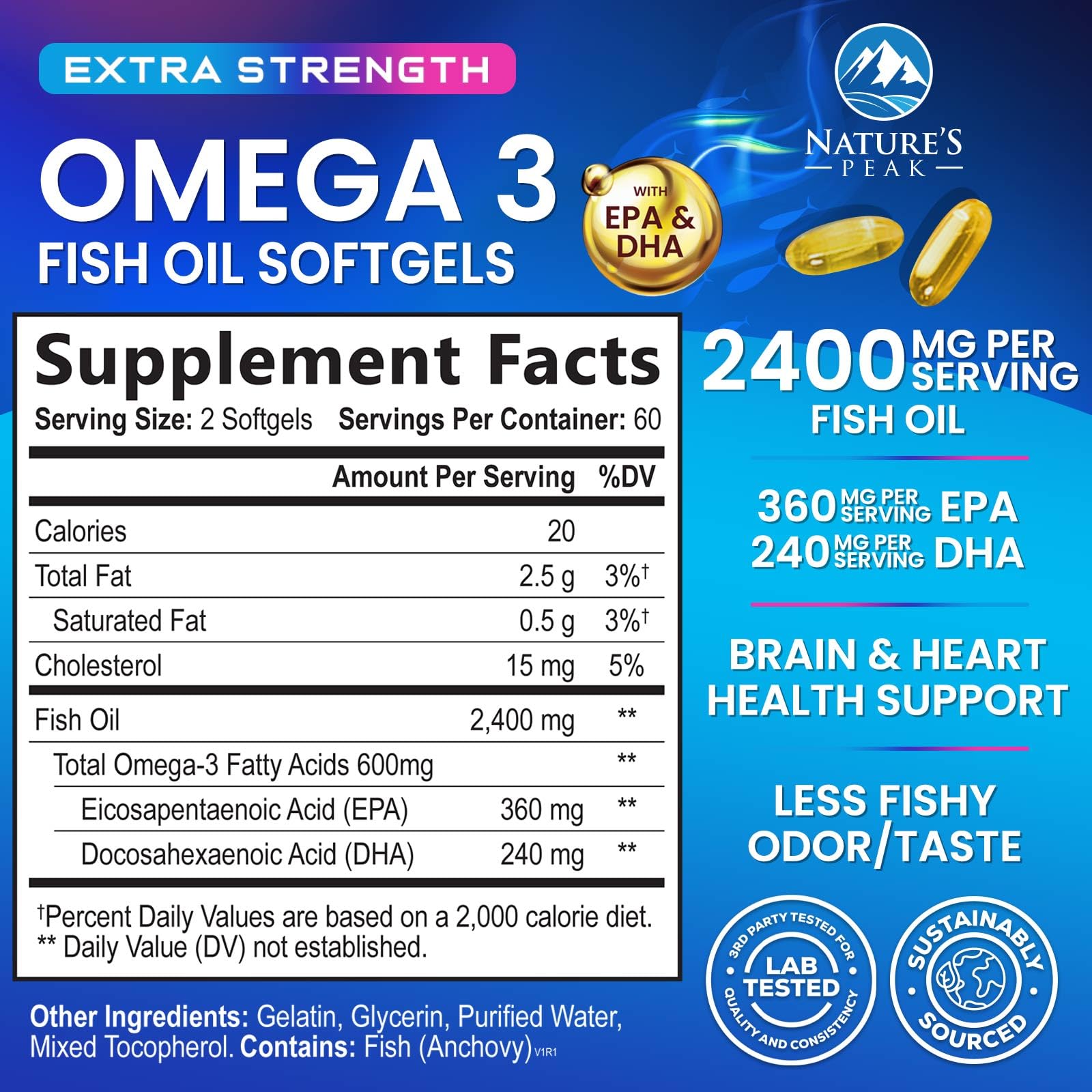 Nature's Peak Omega-3 Fish Oil Triple Strength 2400mg softgel bottle side view