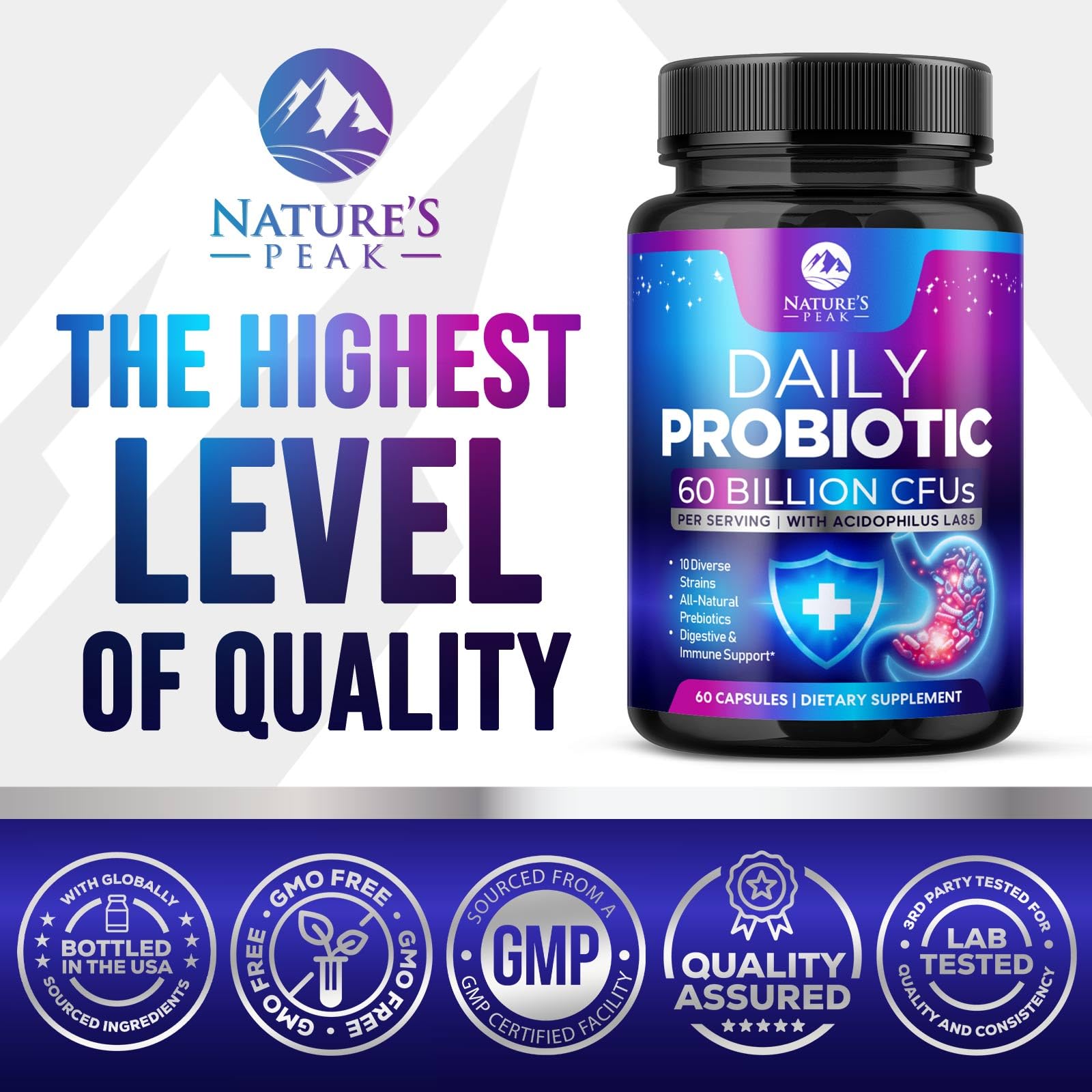Nature's Peak Probiotic Supplement 50g bottle with measuring scoop