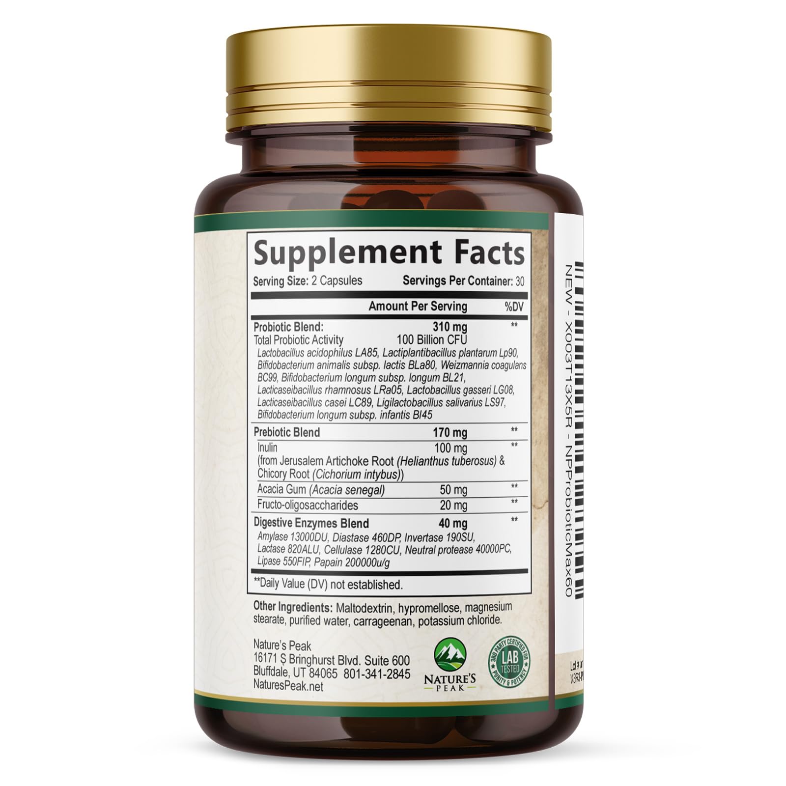 Nature's Peak Probiotics 100 Billion CFU packaging details