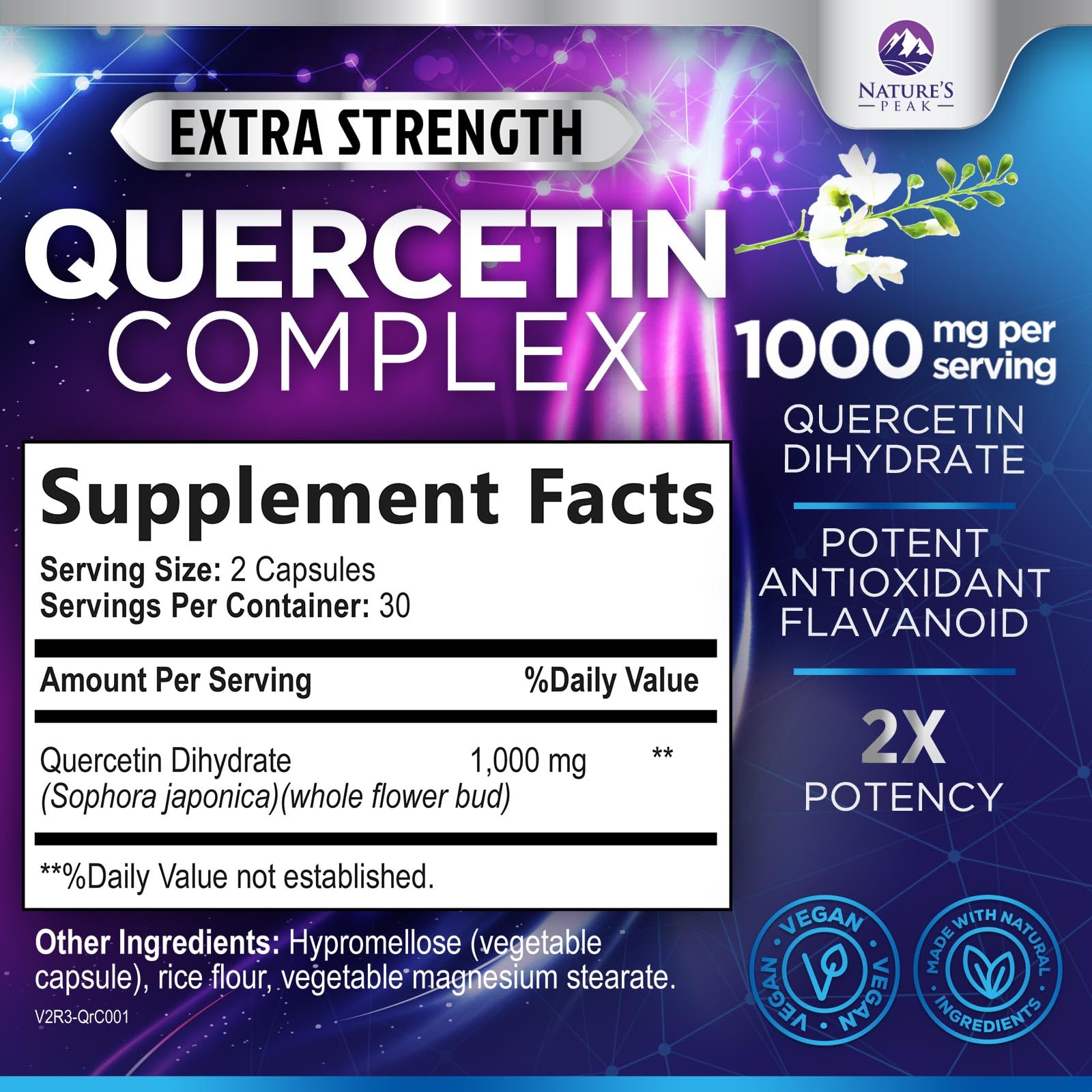 Nature's Peak Quercetin Dihydrate Capsules 1000mg bottle side view