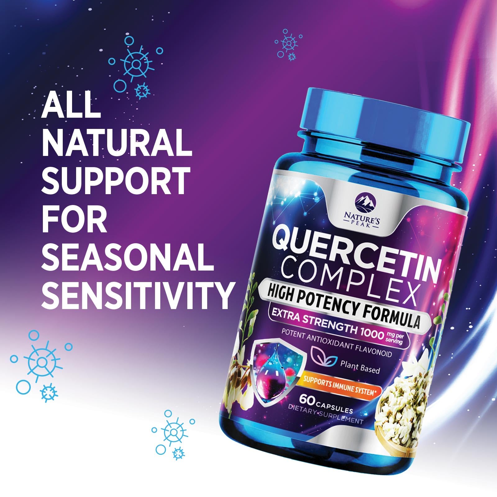 Nature's Peak Quercetin Dihydrate Capsules 1000mg on wooden table
