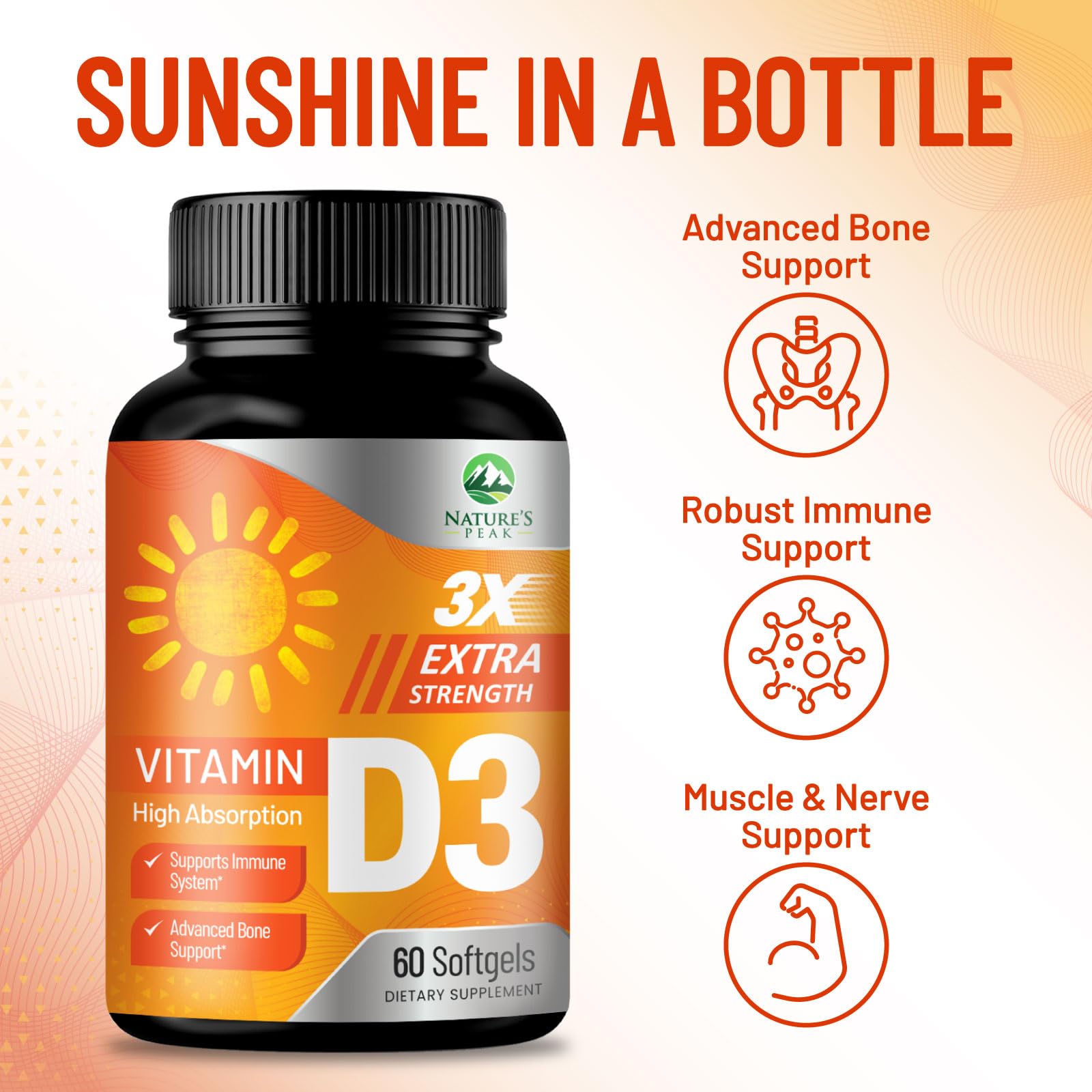 Nature's Peak Vitamin D3 5000 IU softgels on a wooden surface