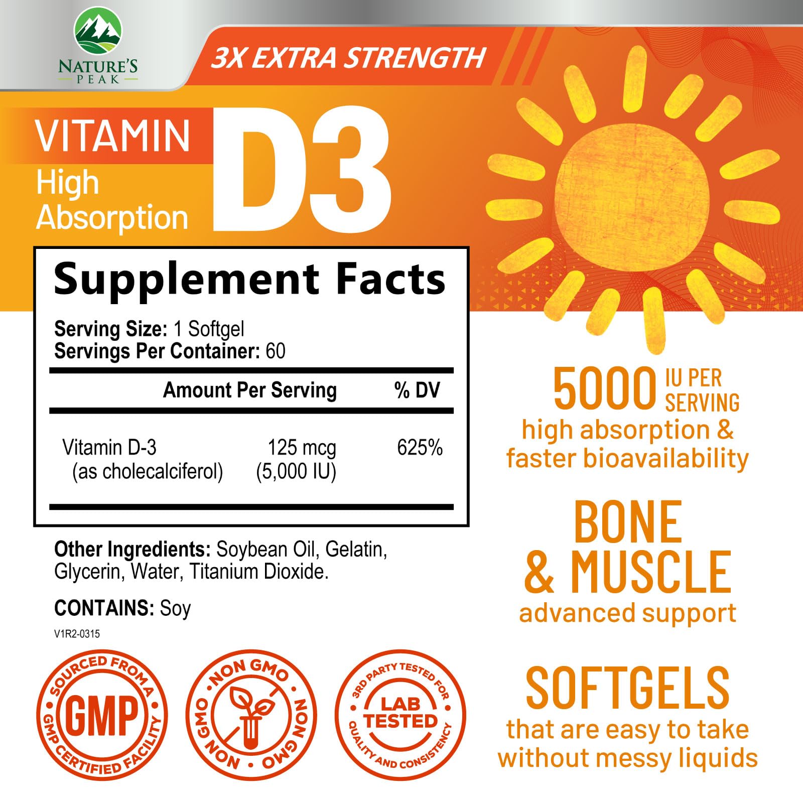 Nature's Peak Vitamin D3 5000 IU softgels side view