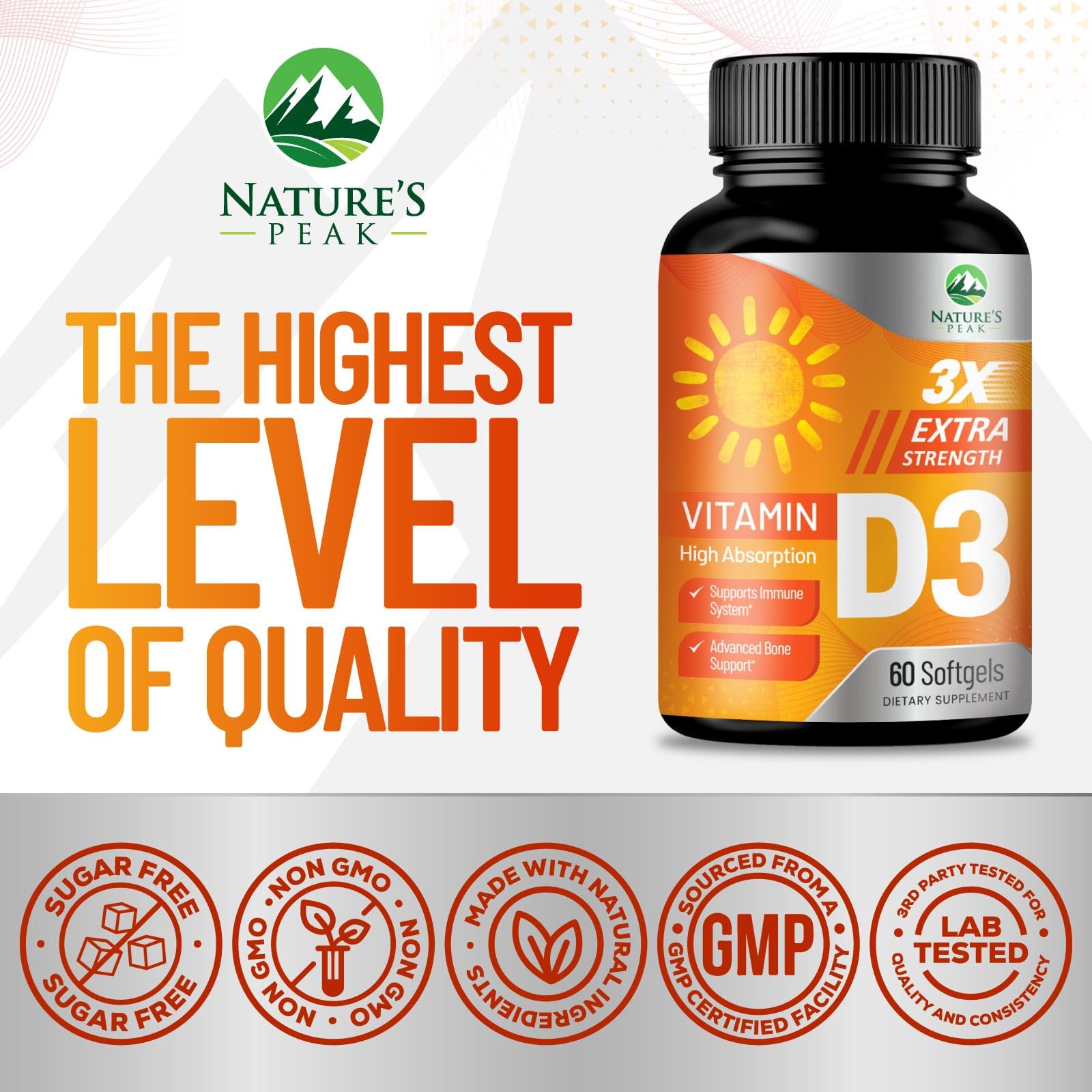 Nature's Peak Vitamin D3 5000 IU softgels with dosage information