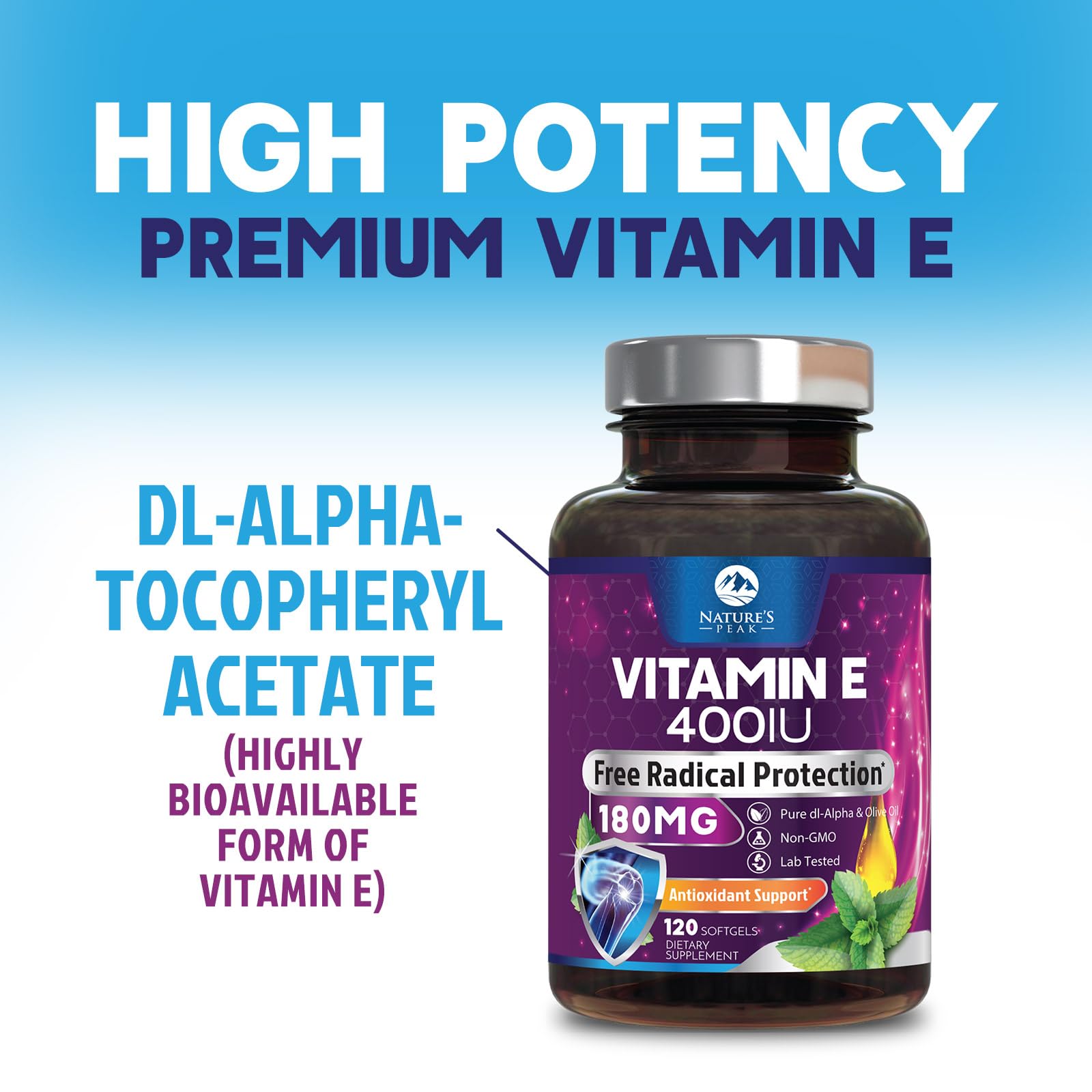 Nature's Peak Vitamin E Softgels 180mg on a wooden table