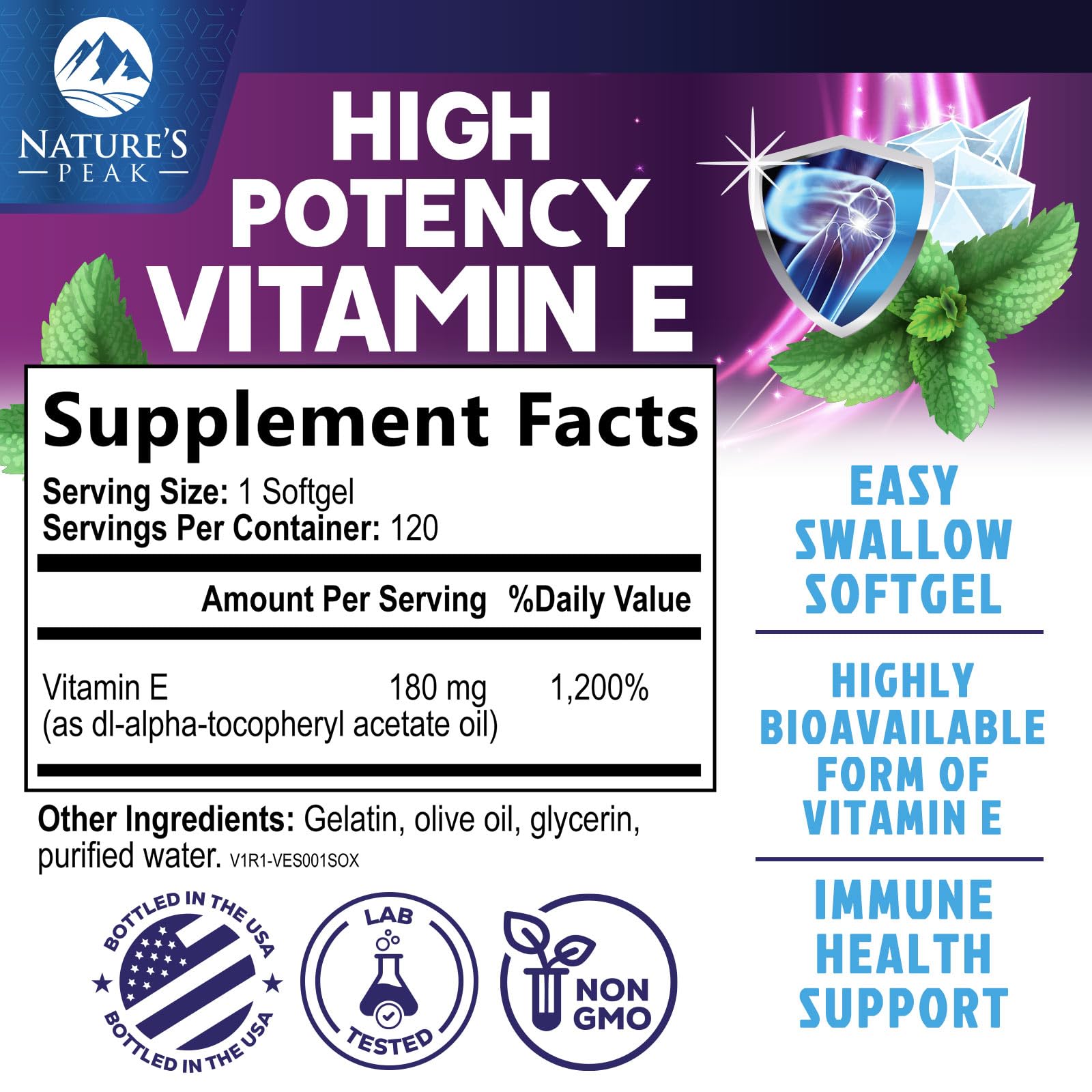 Nature's Peak Vitamin E Softgels 180mg packaging