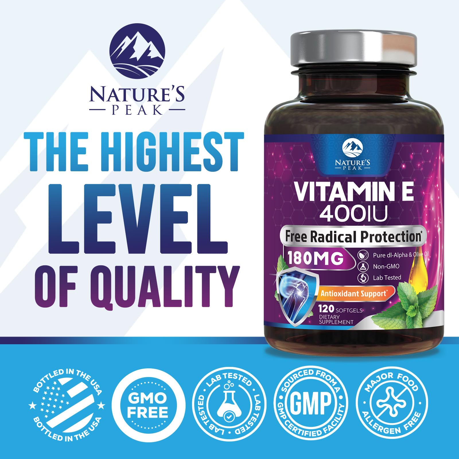 Nature's Peak Vitamin E Softgels 180mg side view