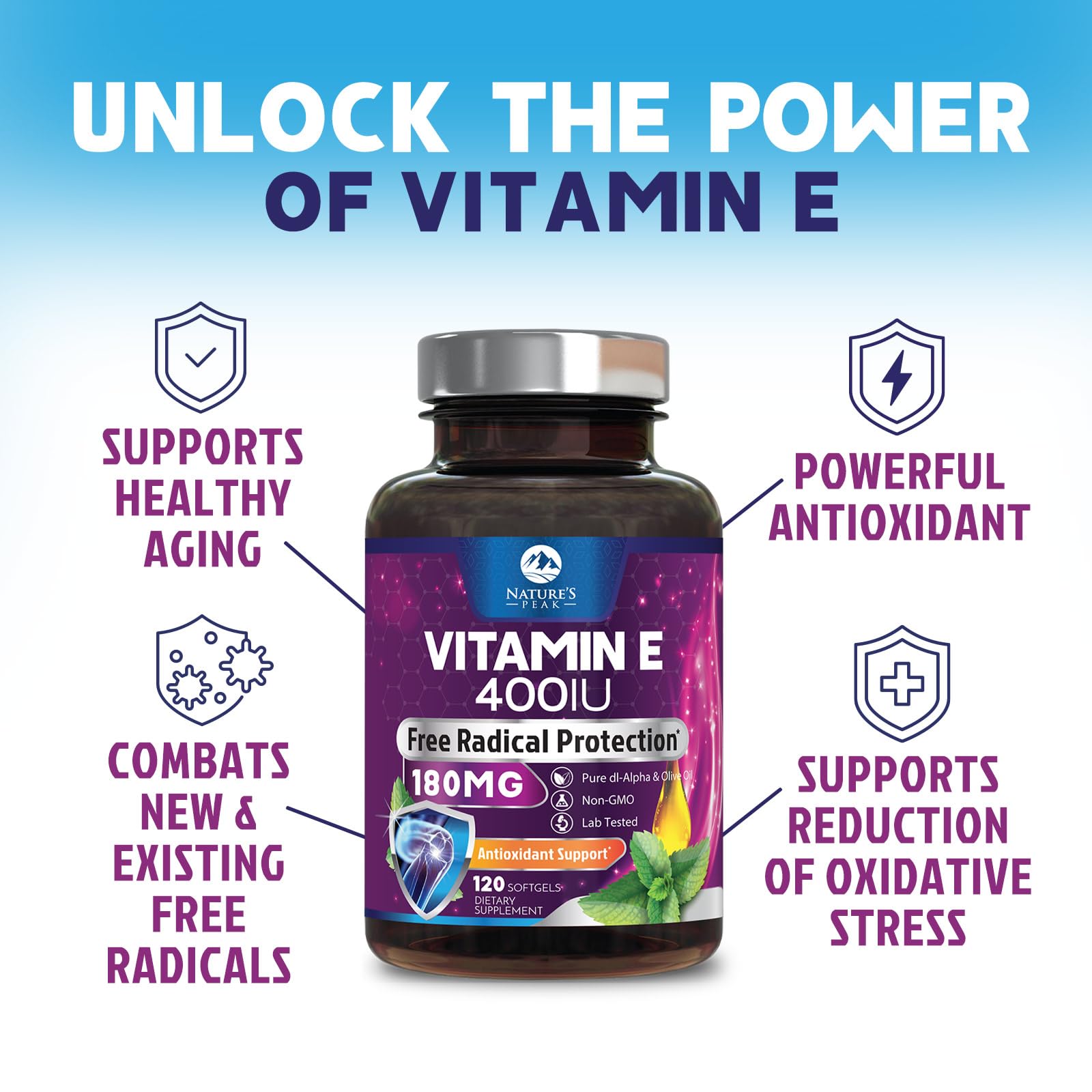 Nature's Peak Vitamin E Softgels 180mg with a measuring spoon