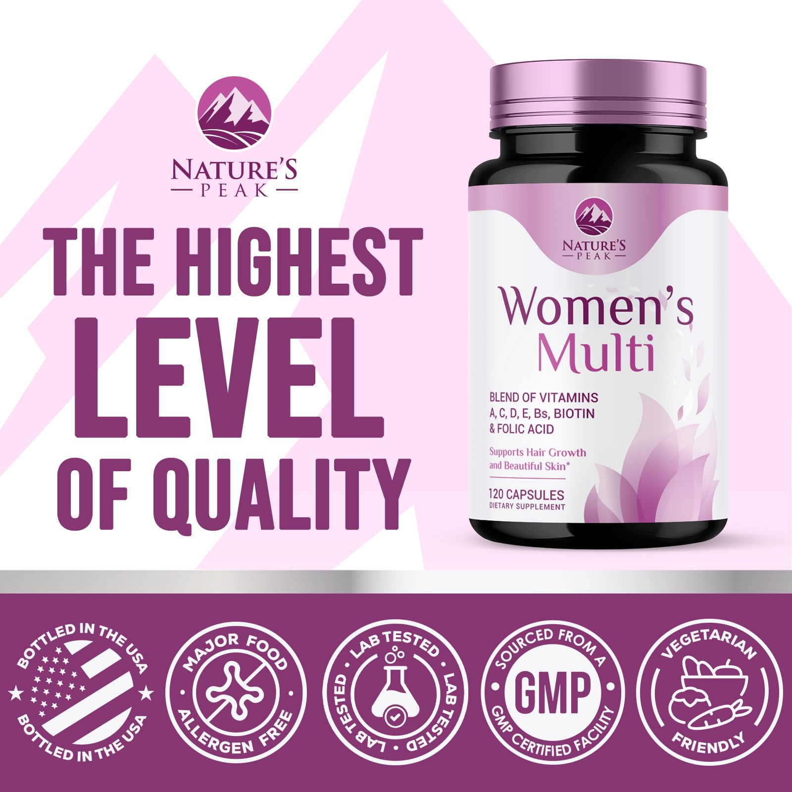 Nature's Peak Women's Daily Multivitamin bottle with capsules next to it