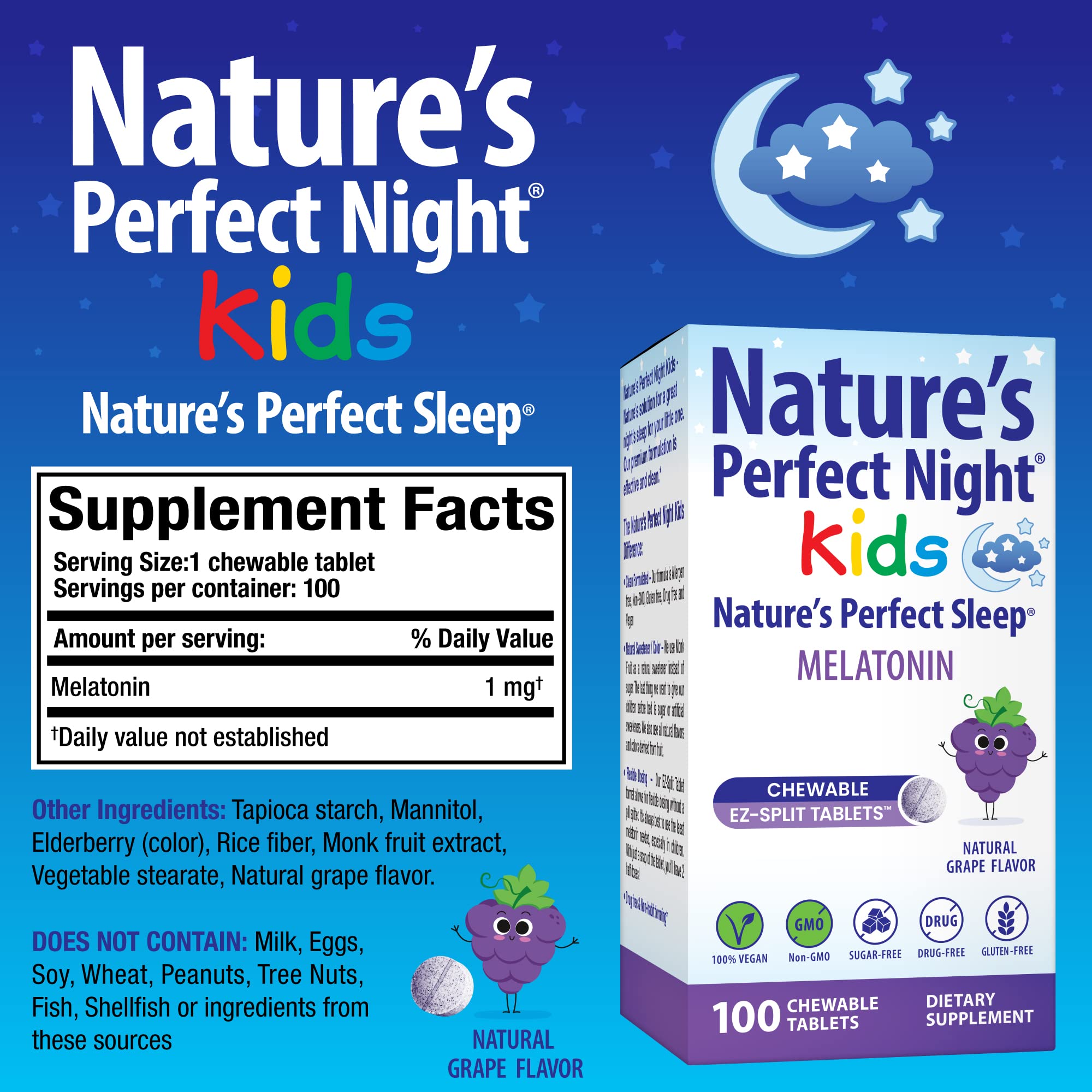Nature's Perfect Night Kids Melatonin 1mg chewable tablet close-up