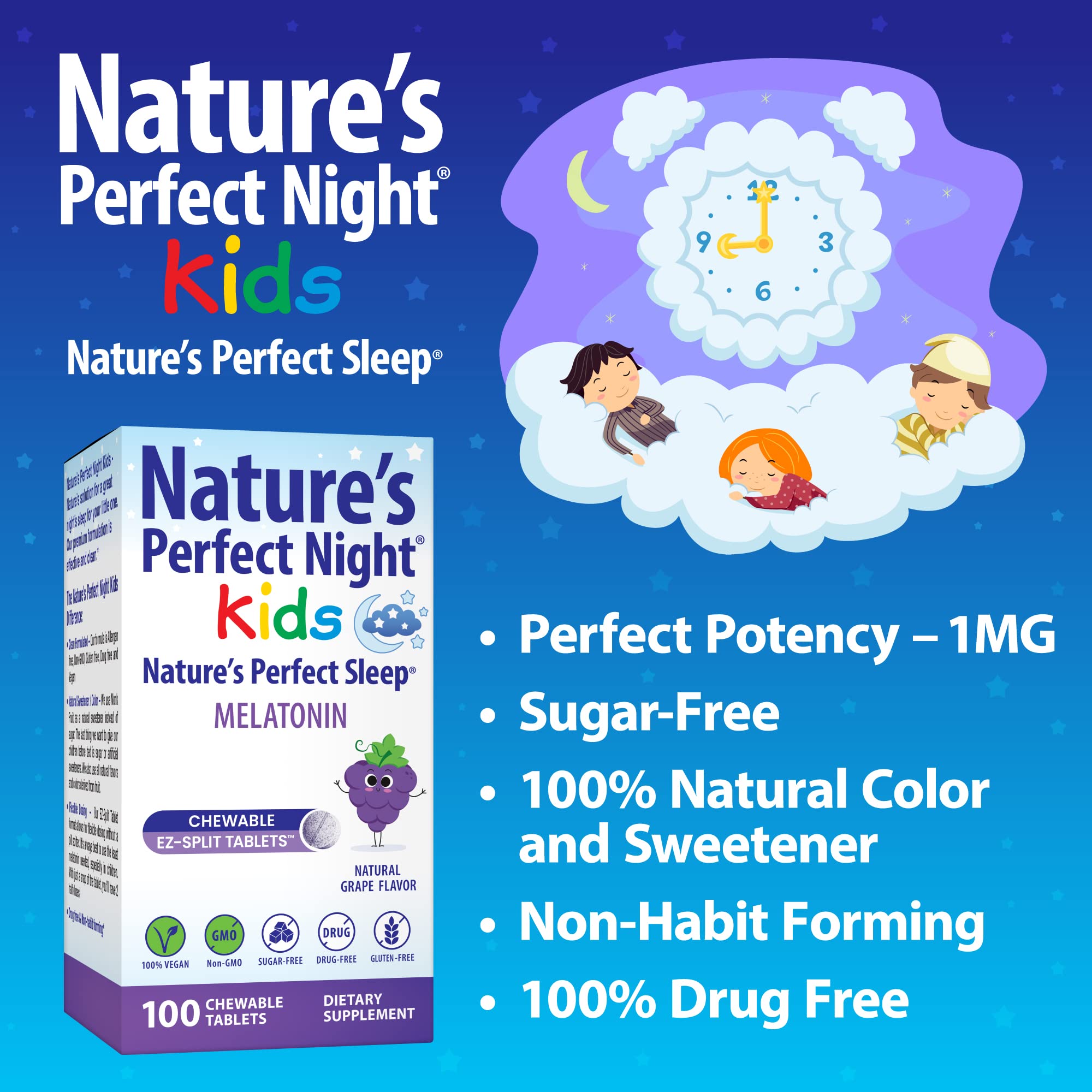 Nature's Perfect Night Kids Melatonin 1mg chewable tablets bottle with label