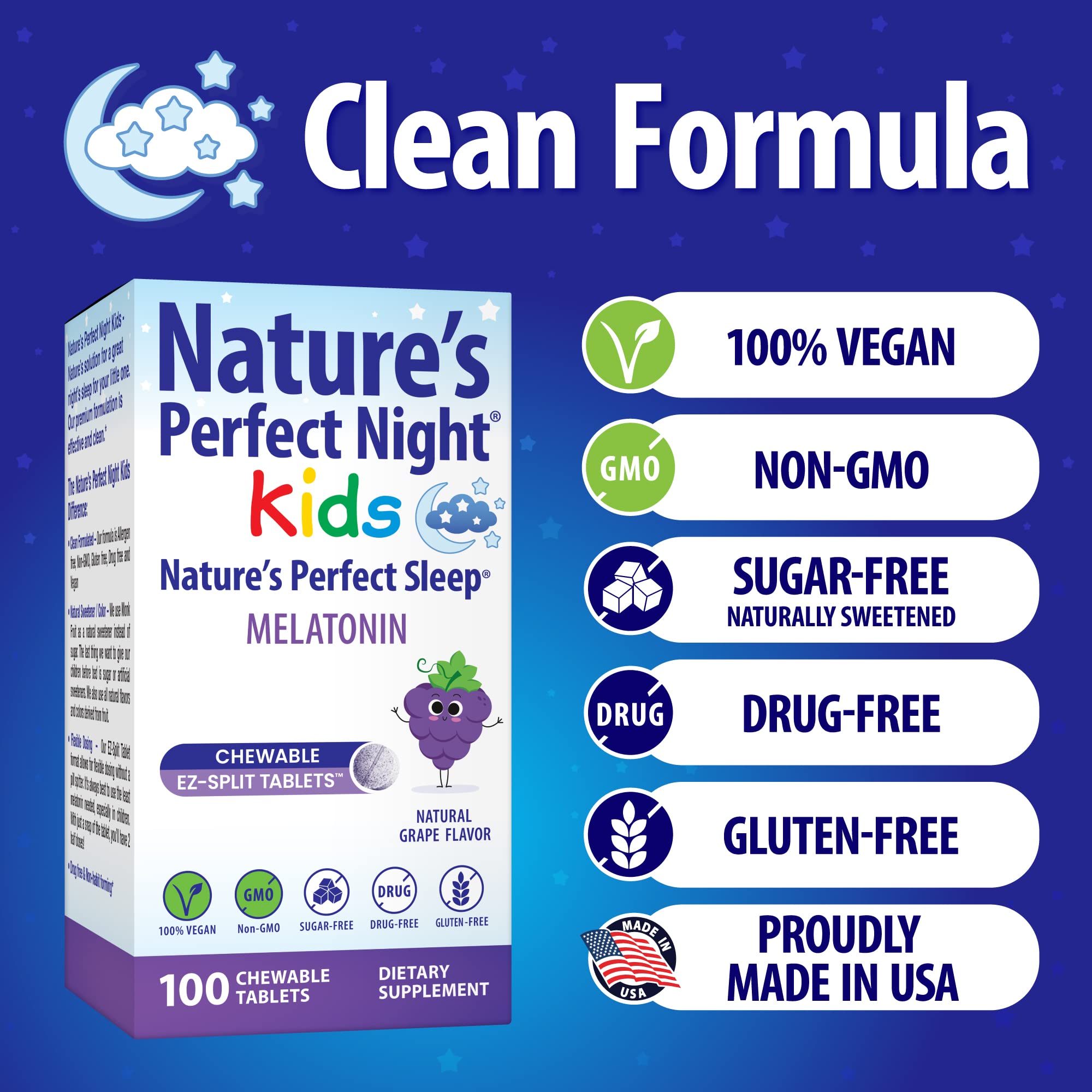 Nature's Perfect Night Kids Melatonin 1mg chewable tablets on a wooden table