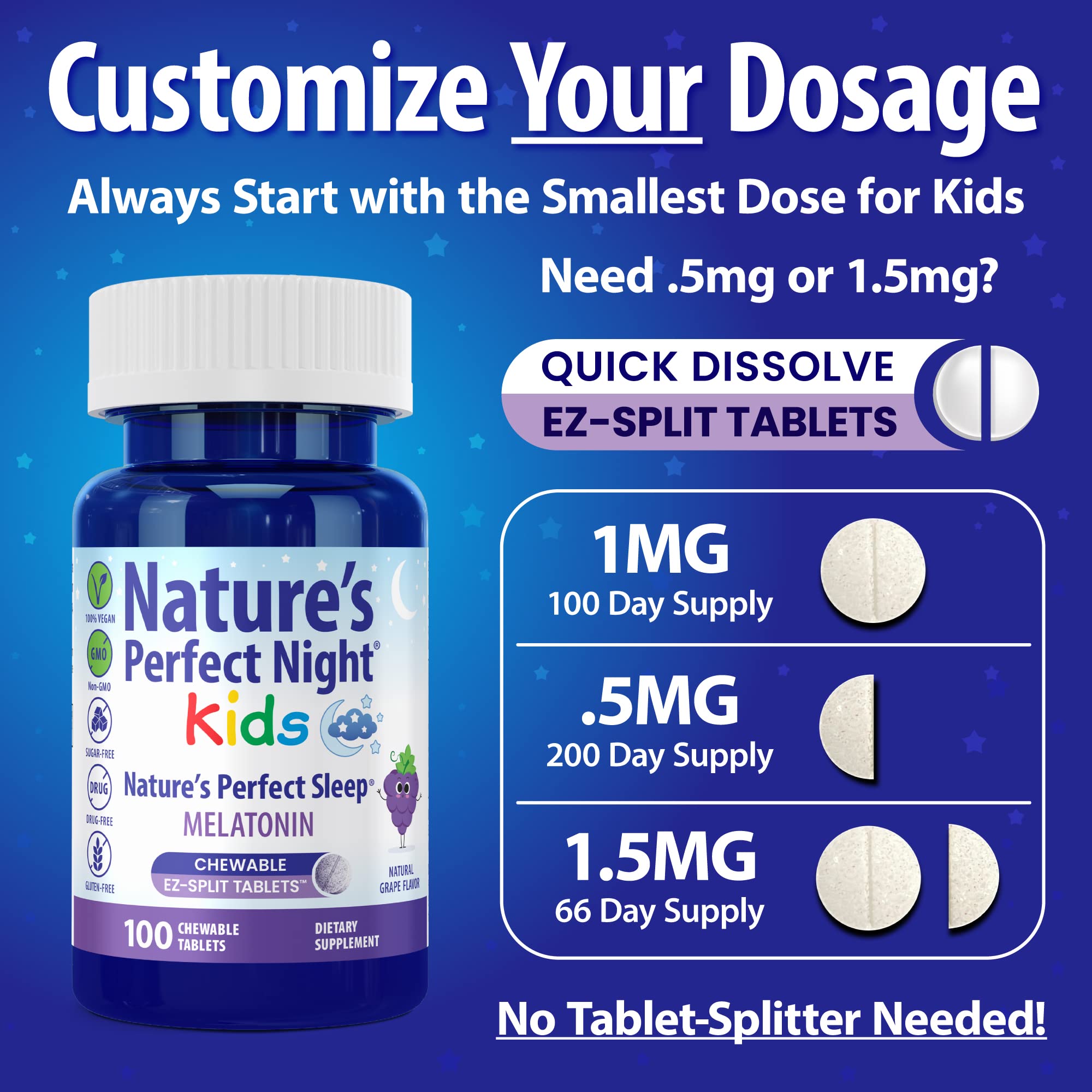 Nature's Perfect Night Kids Melatonin 1mg chewable tablets with grape flavour