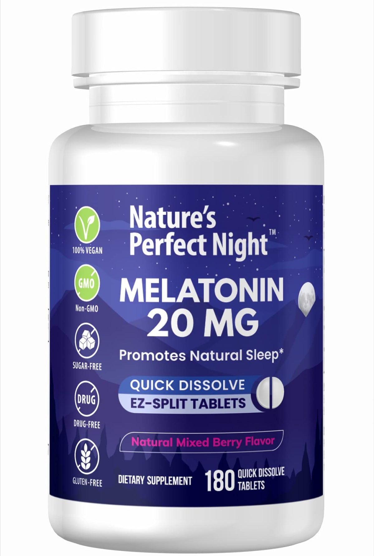 Nature's Perfect Night Melatonin 20mg quick dissolve tablets front view