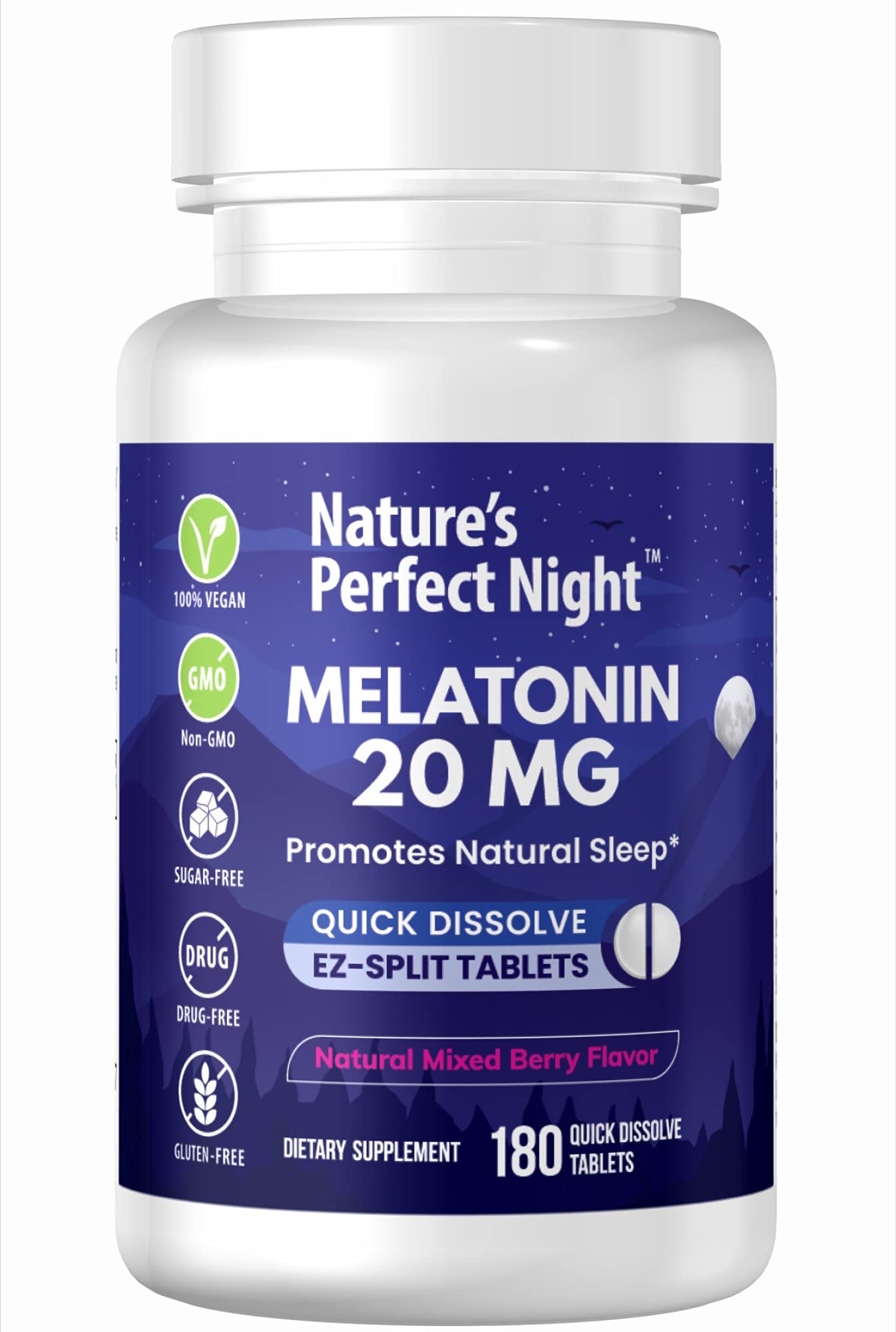 Nature's Perfect Night Melatonin 20mg quick dissolve tablets front view