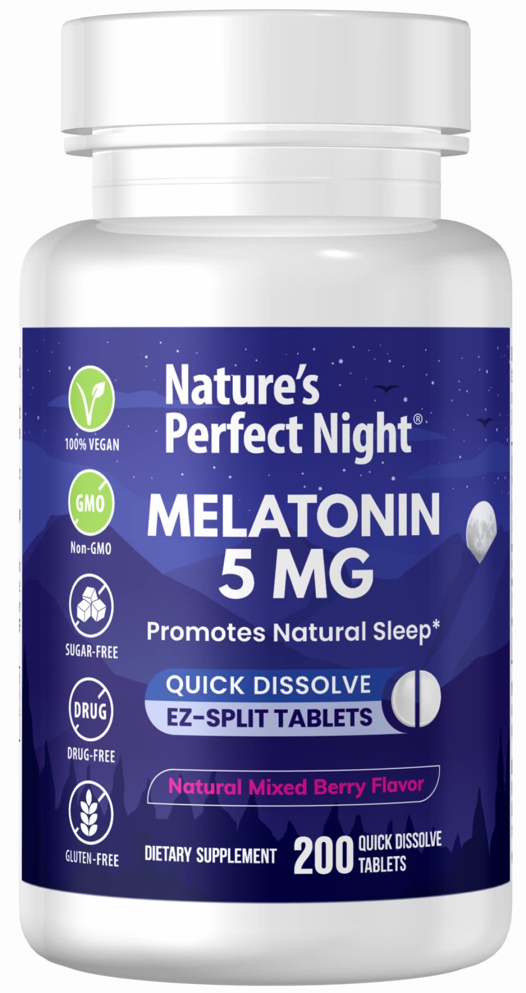 Nature's Perfect Night Melatonin 5mg 200 quick dissolve tablets front view