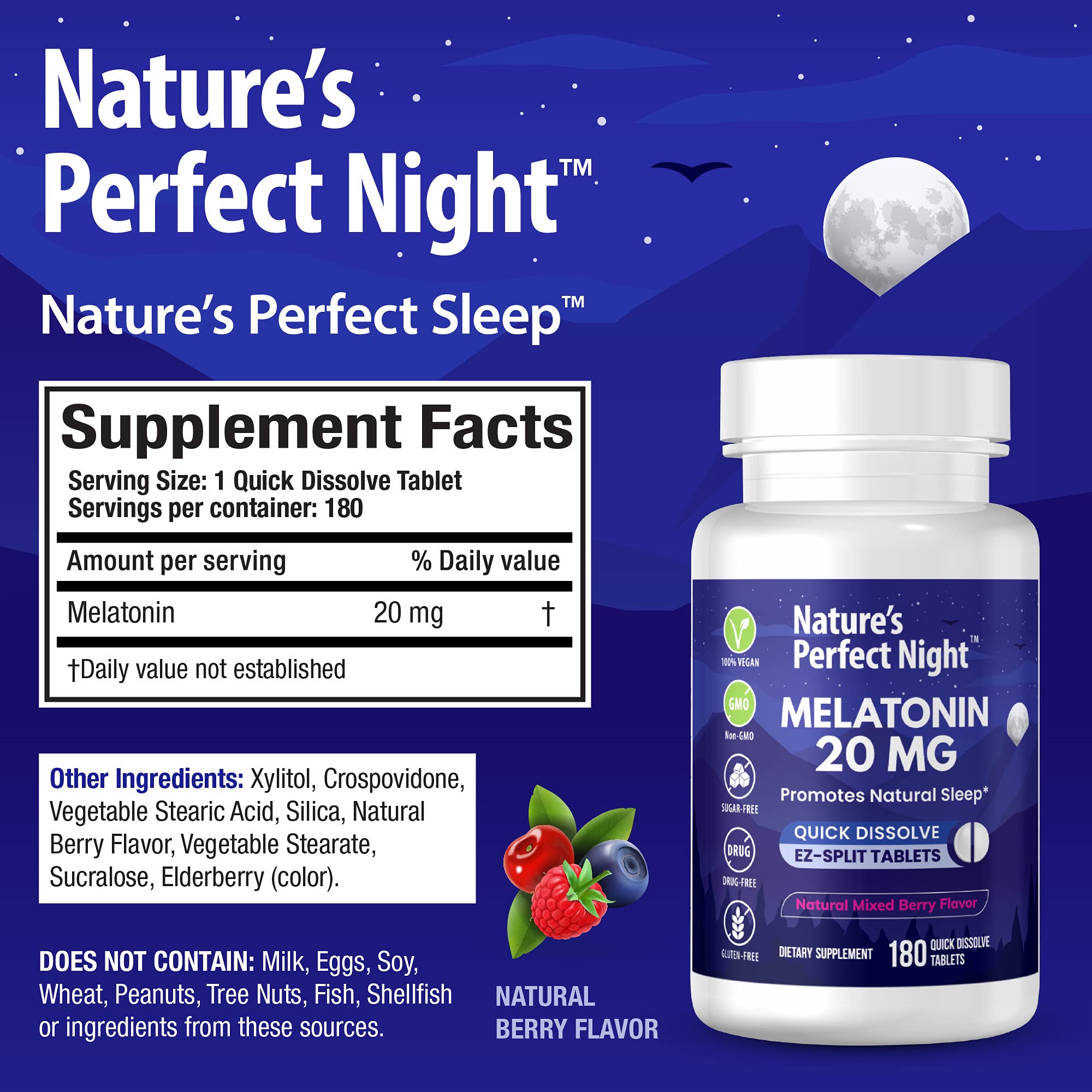 Nature's Perfect Night Melatonin Sleep Tablets 20mg close-up of tablets