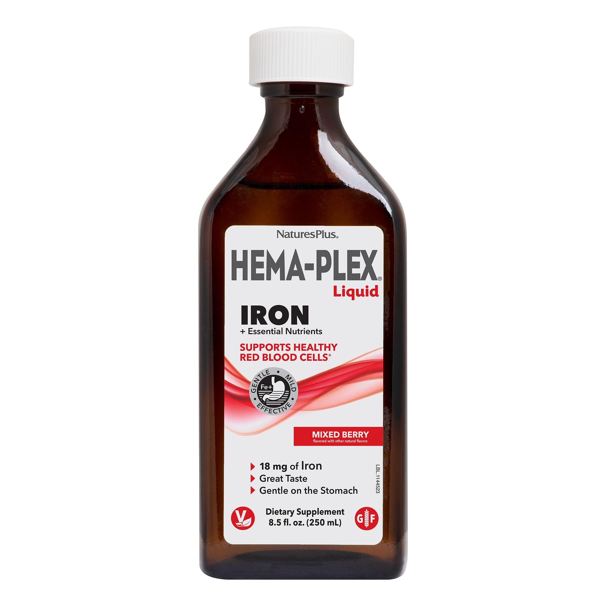 Nature's Plus Hema-Plex Liquid Iron 250g front view with mixed-berry flavour