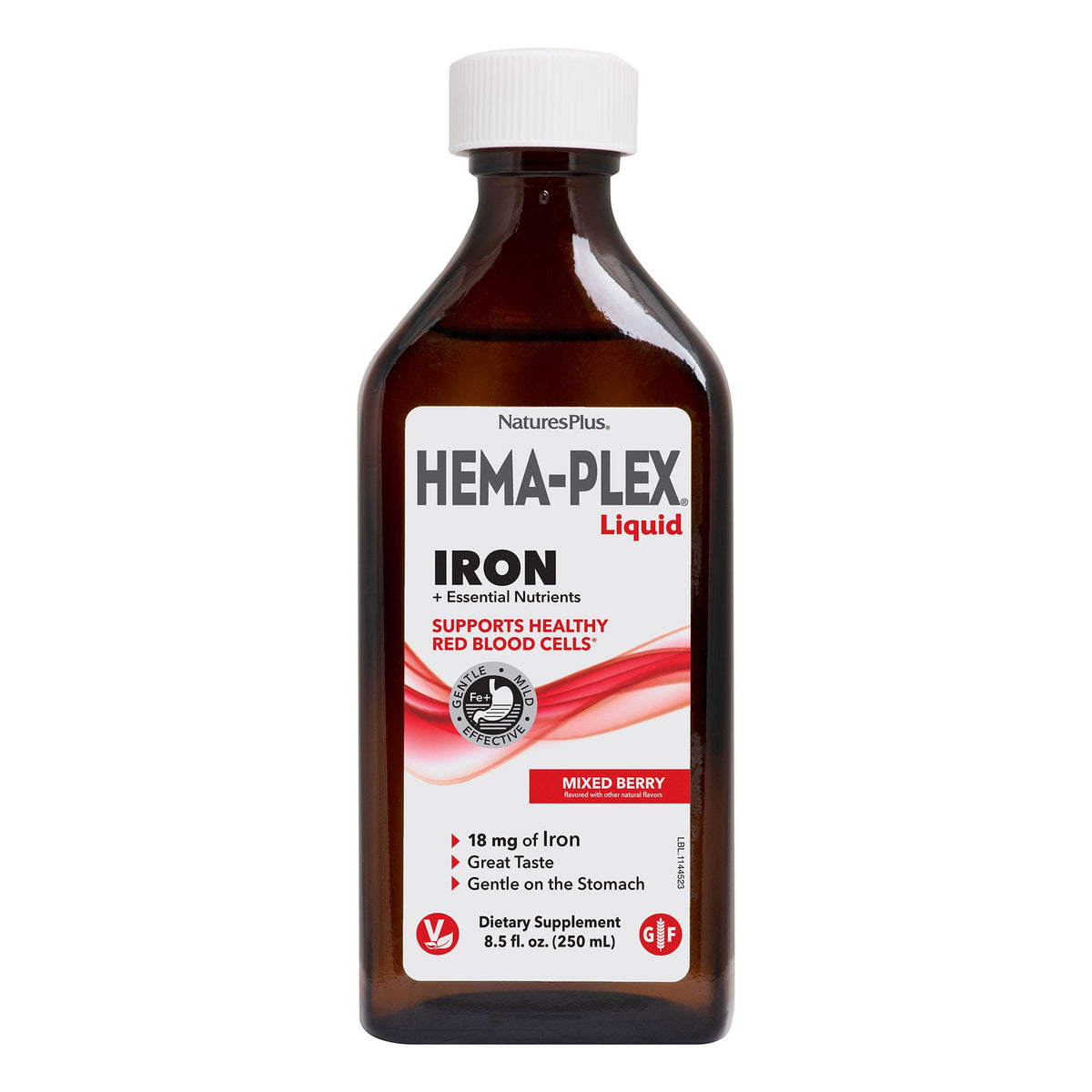 Nature's Plus Hema-Plex Liquid Iron 250g front view with mixed-berry flavour