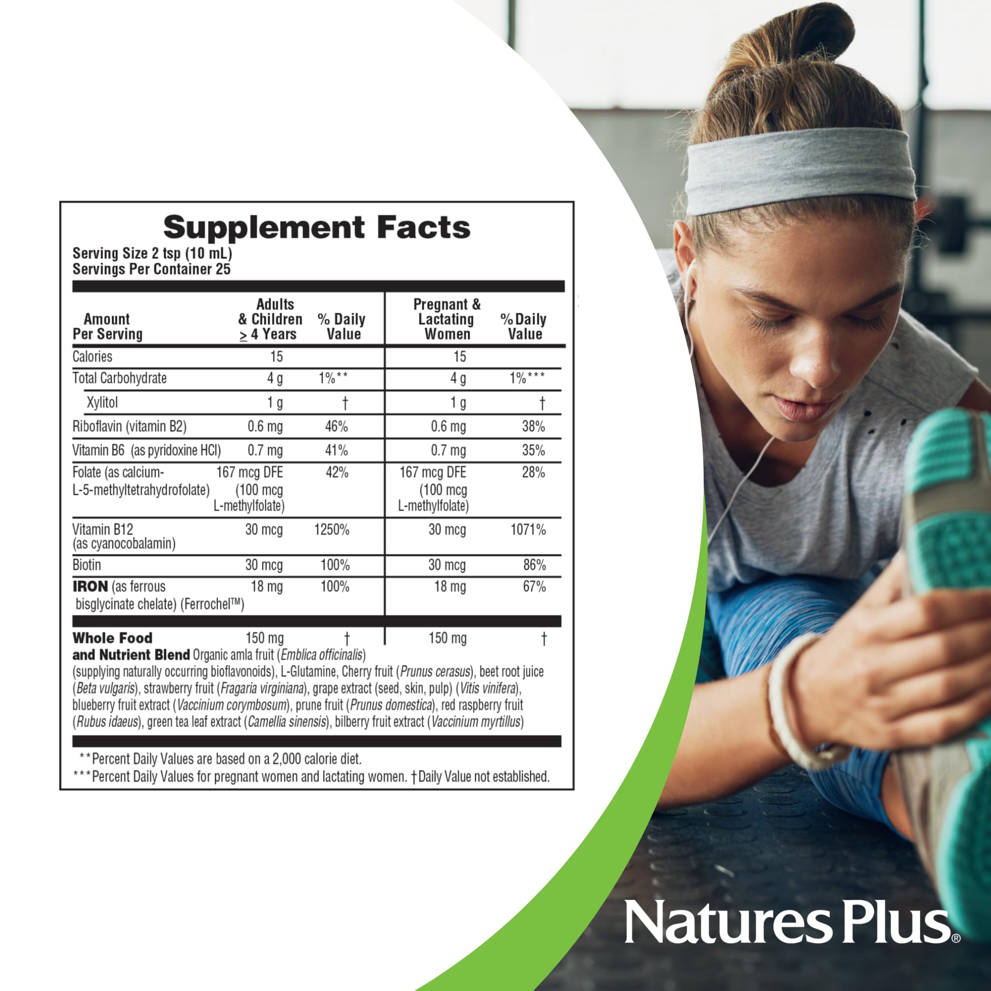 Nature's Plus Hema-Plex Liquid Iron 250g on a kitchen counter