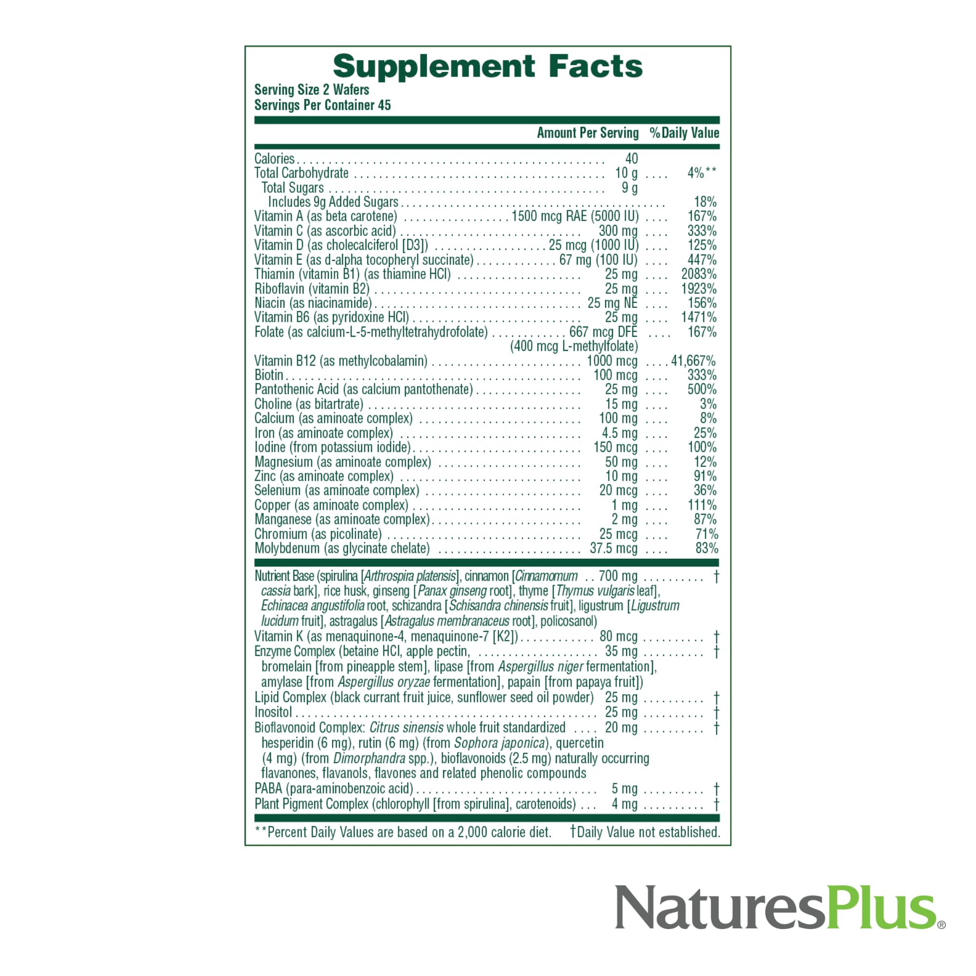 Nature's Plus Source of Life Adult Chewable Multivitamin nutritional information