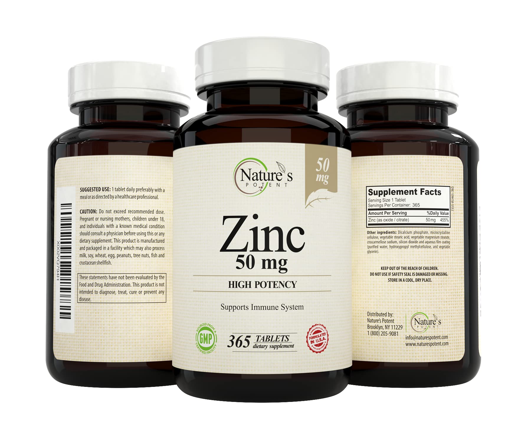 Nature's Potent Zinc Supplement 50mg back view with ingredient details
