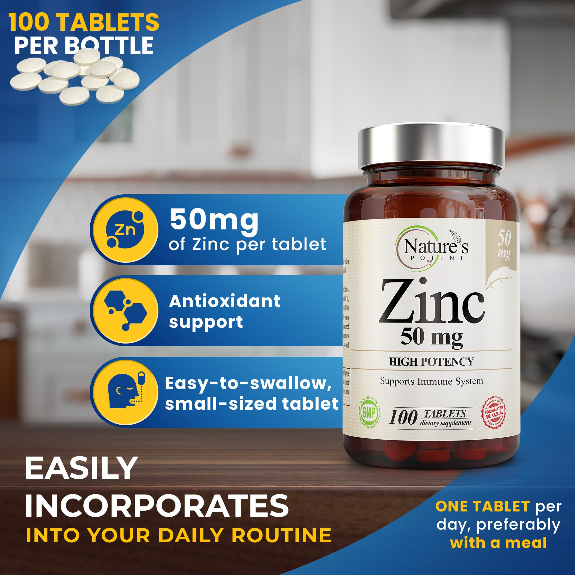 Nature's Potent Zinc Supplement 50mg bottle with label