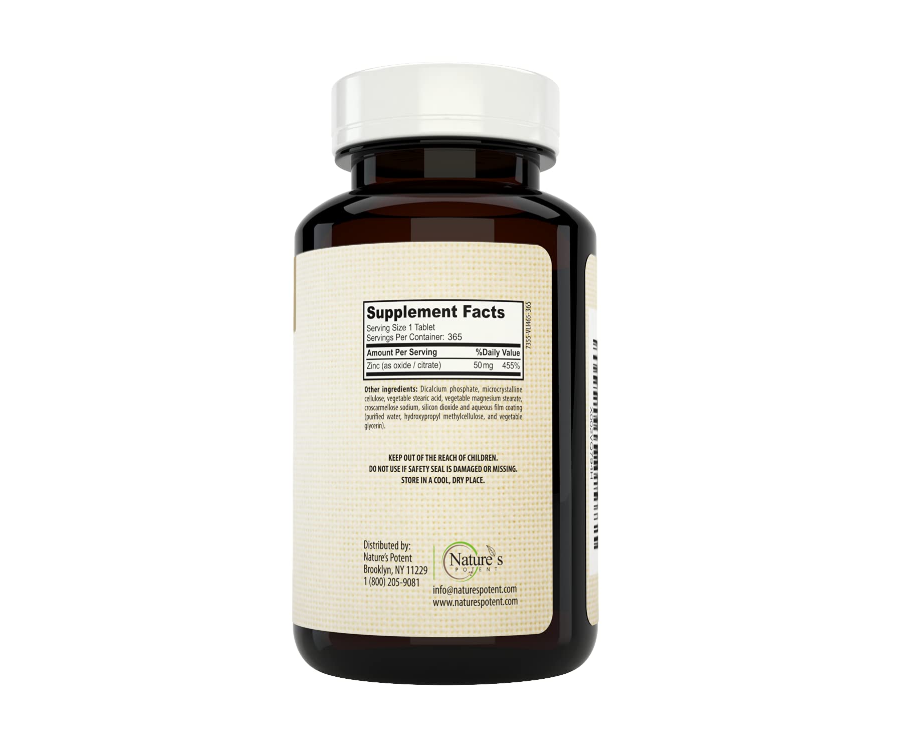 Nature's Potent Zinc Supplement 50mg side view showing tablet count