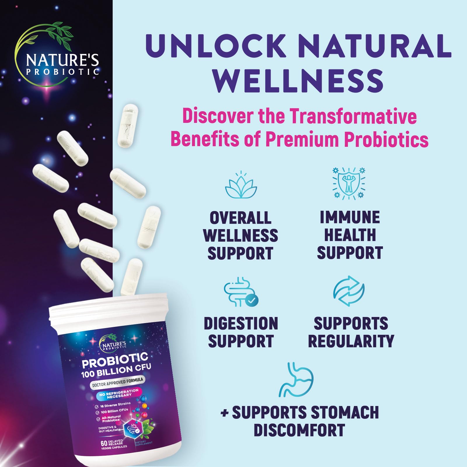 Nature's Probiotic Max Strength Probiotic Capsules on a wooden table