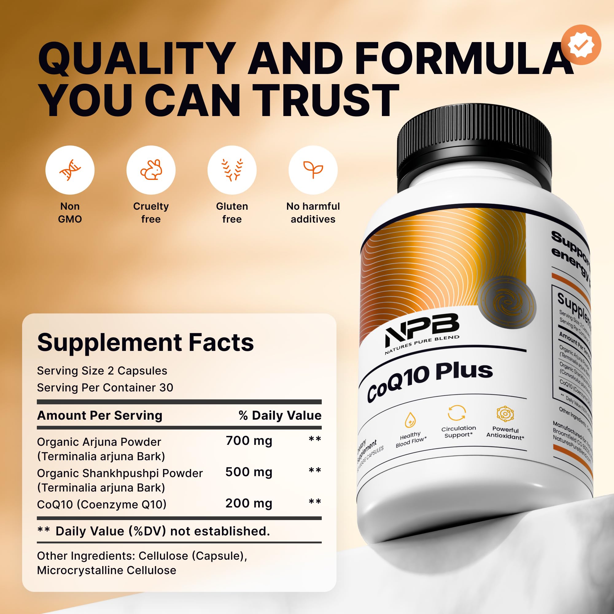 Nature's Pure Blend CoQ10 Supplement bottle with arjuna bark powder