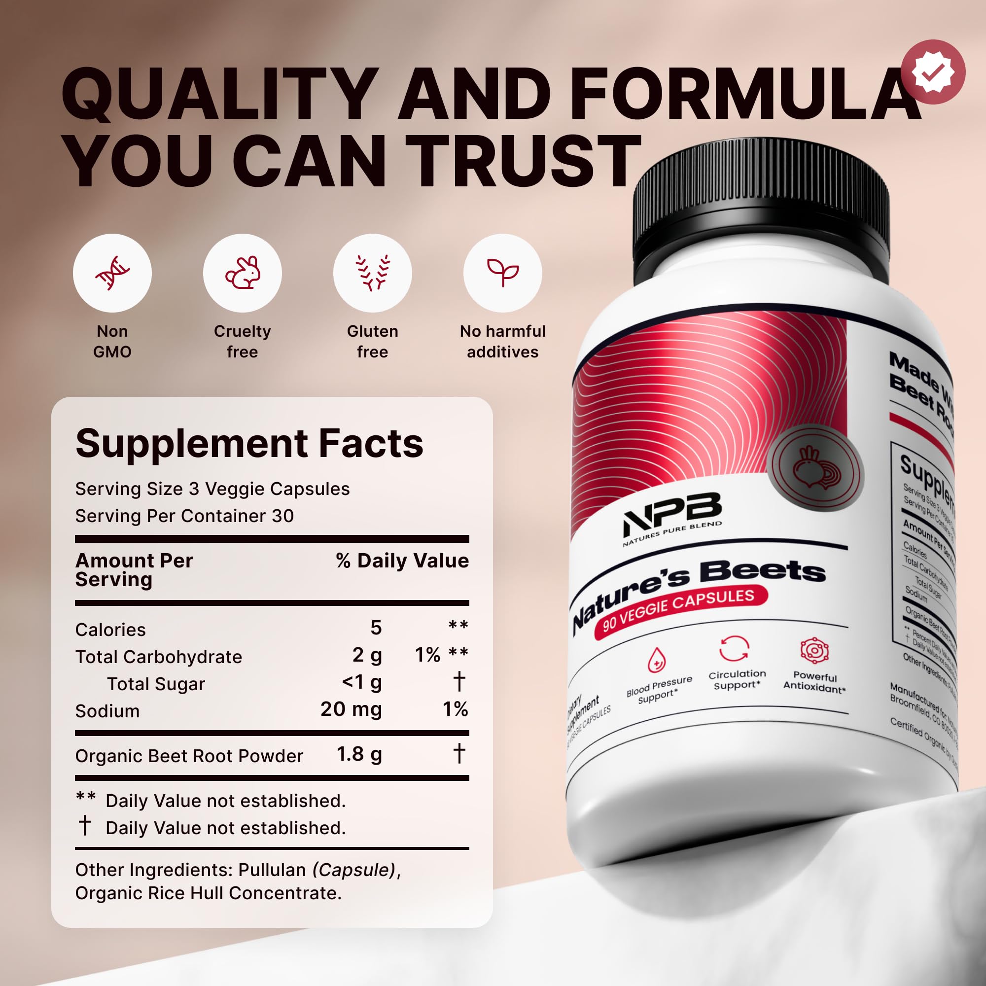 Nature's Pure Blend L-Arginine Beet Root Capsules on wooden surface