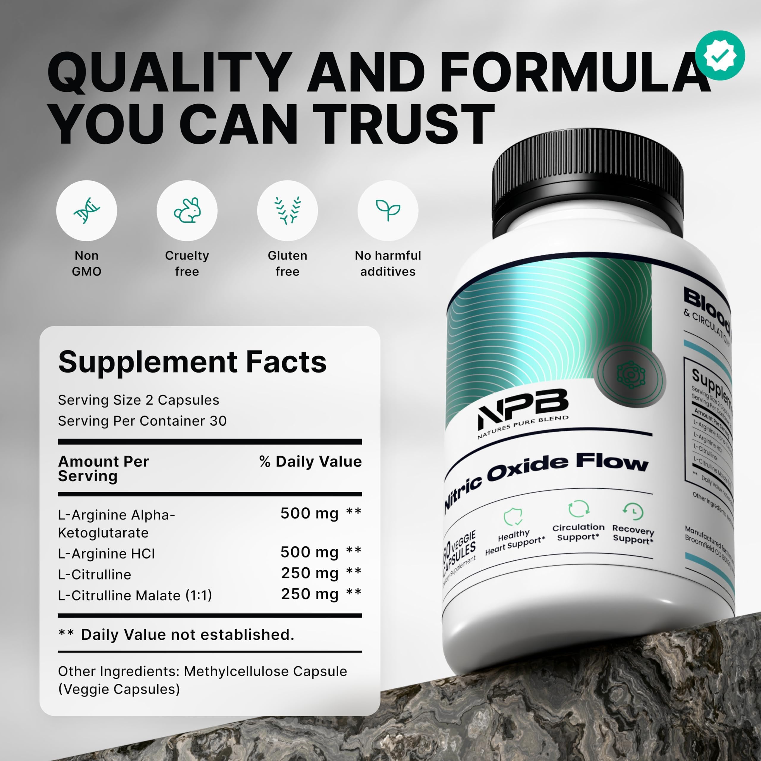 Nature's Pure Blend Nitric Oxide support side view with ingredient list