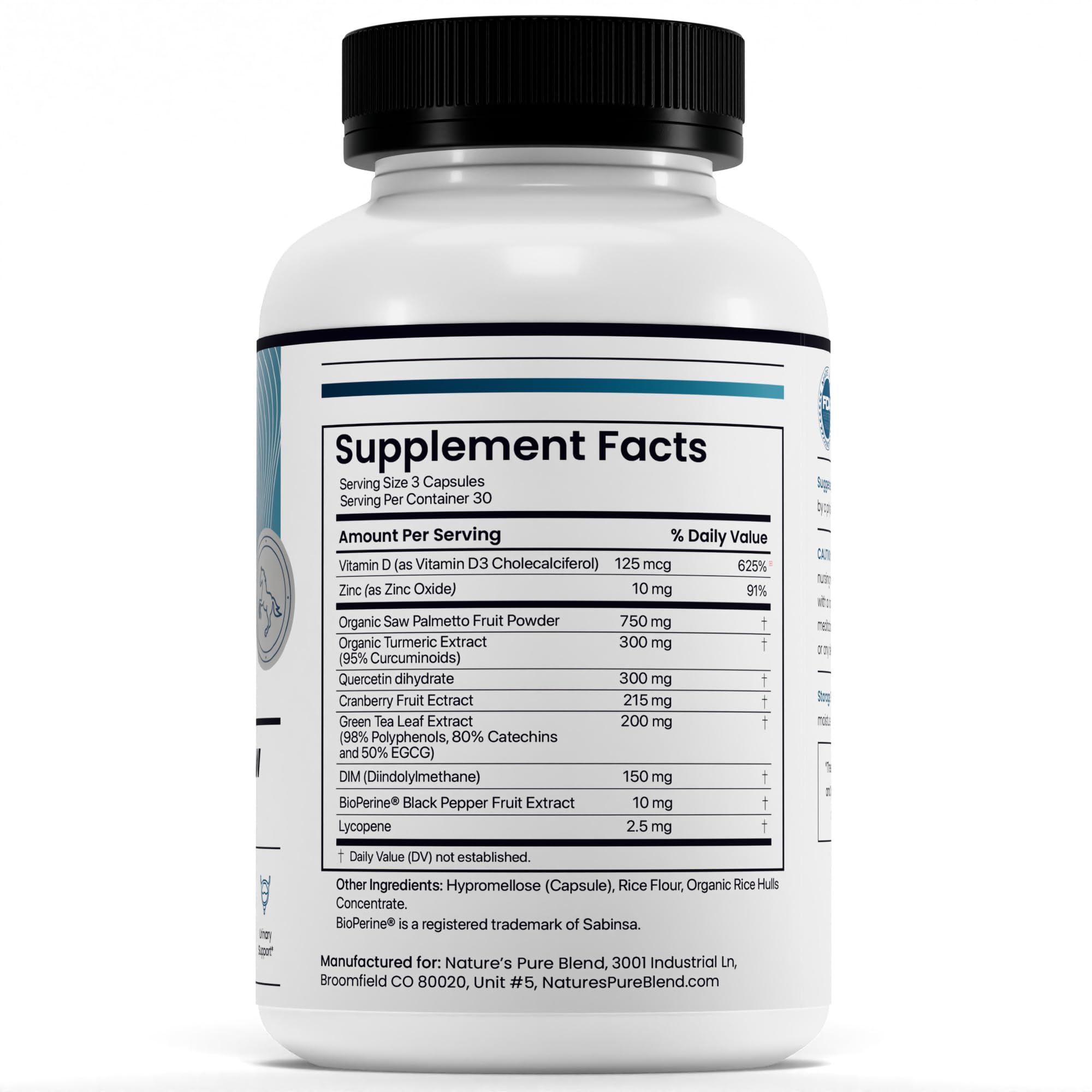 Nature's Pure Blend Saw Palmetto Supplement with a glass of water