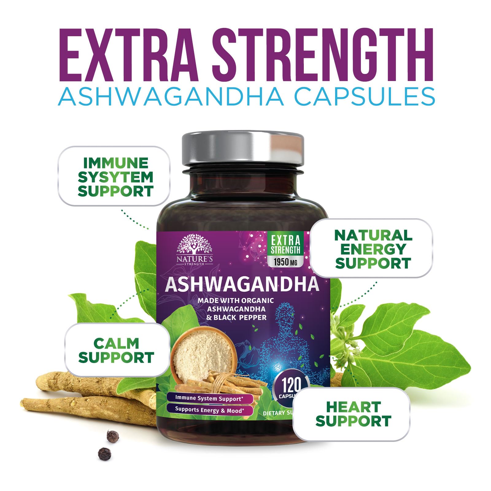 Nature's Strength Ashwagandha Capsules displayed with herbs