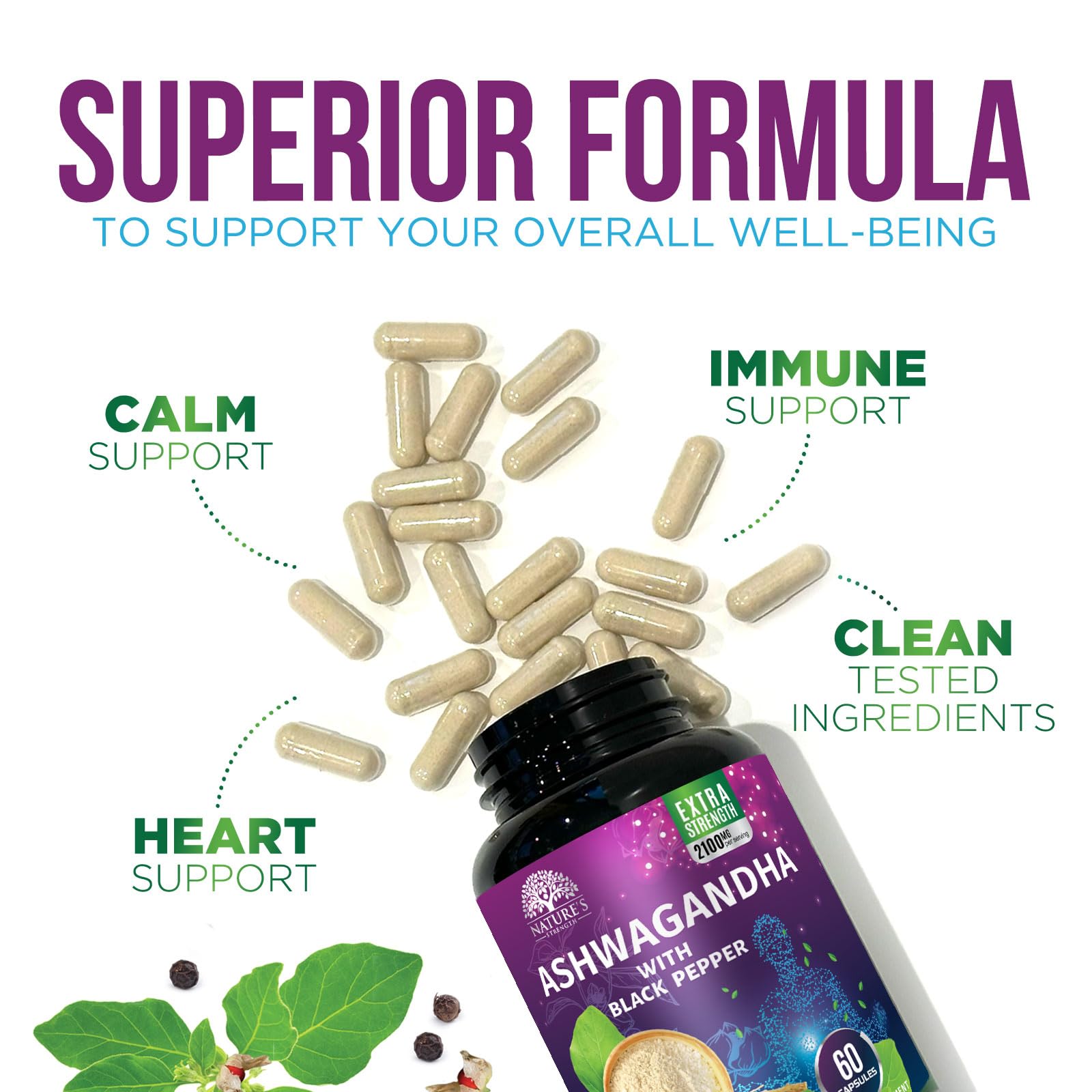 Nature's Strength Ashwagandha Capsules with a measuring spoon