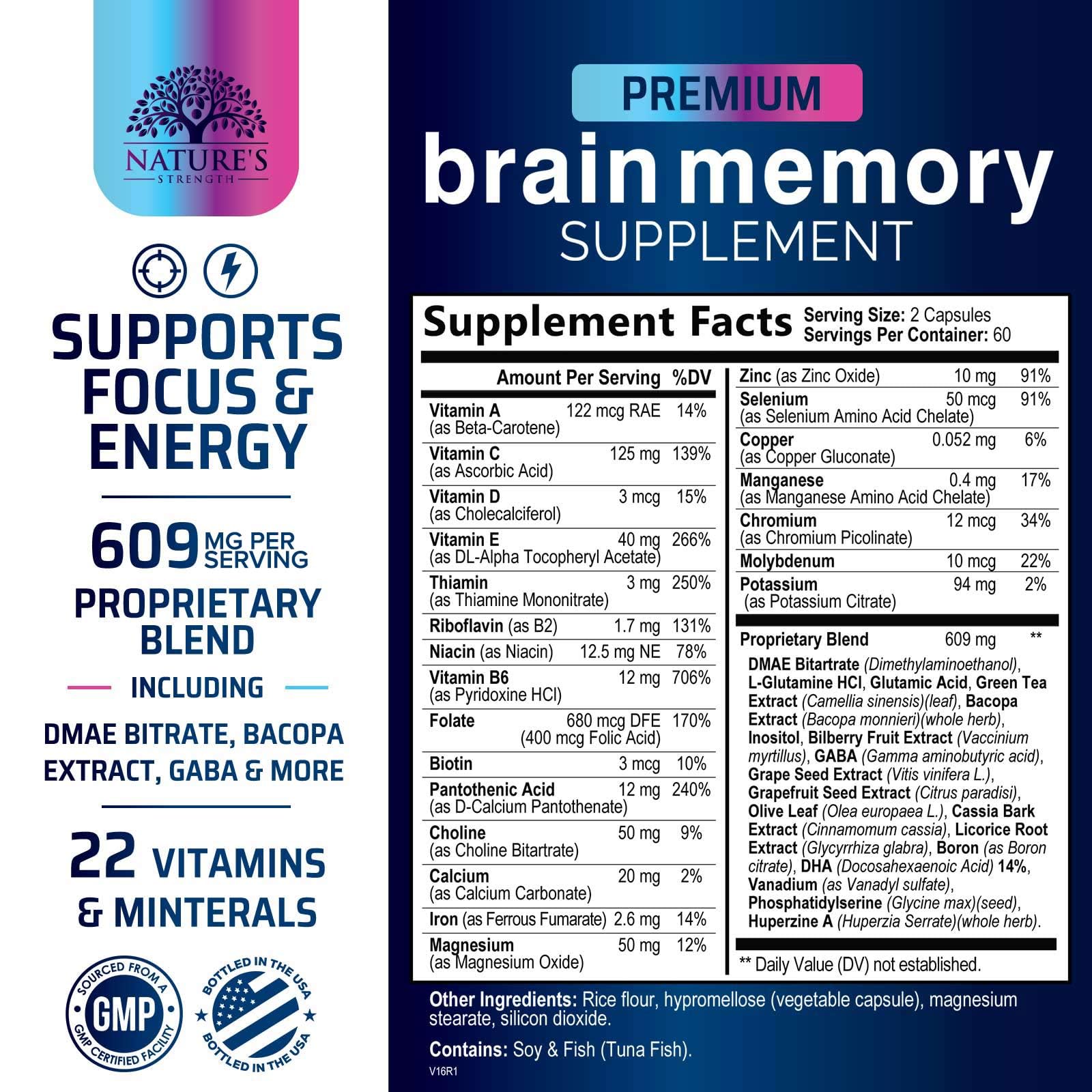 Nature's Strength Brain Memory Supplement Capsules side view