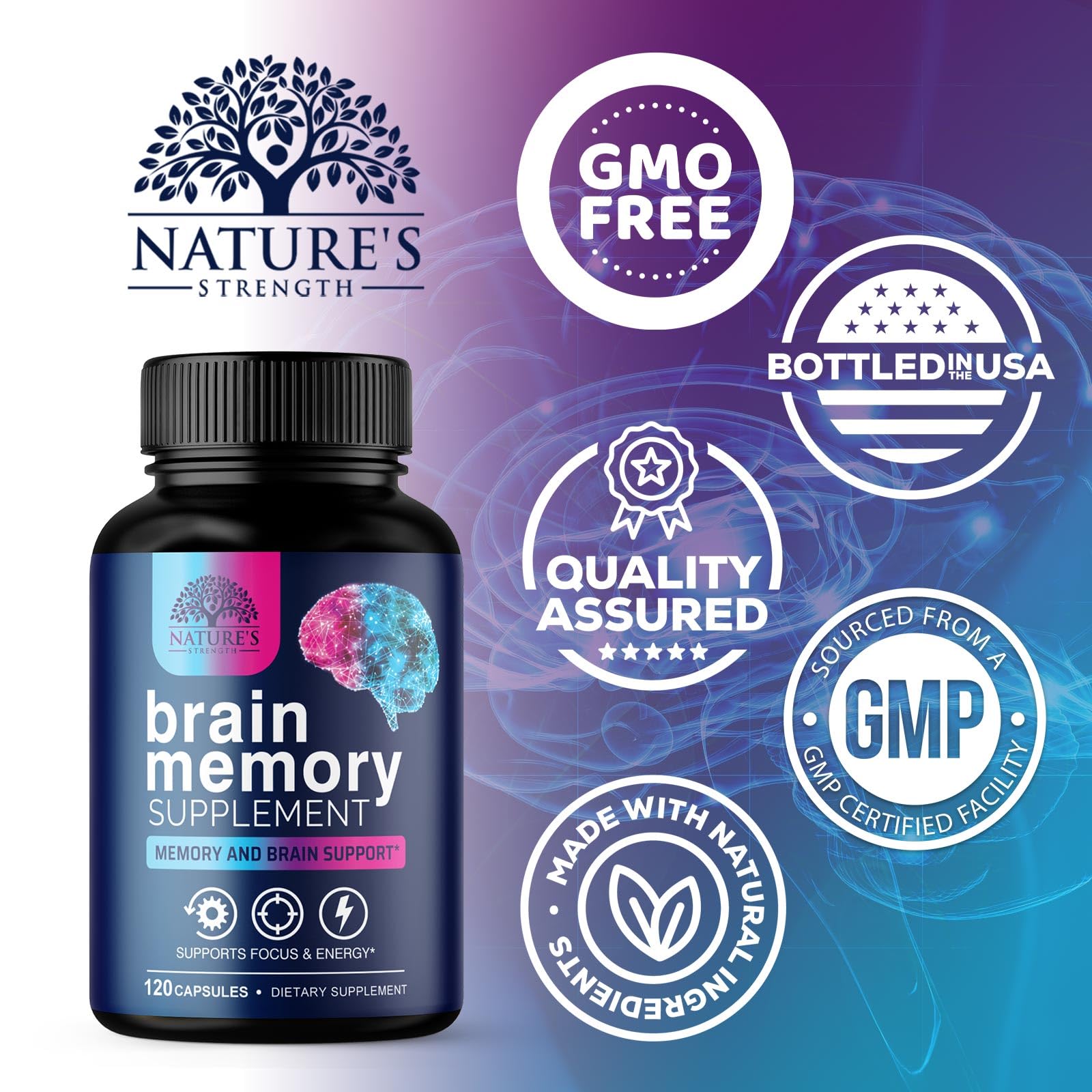 Nature's Strength Brain Memory Supplement Capsules with ingredients list