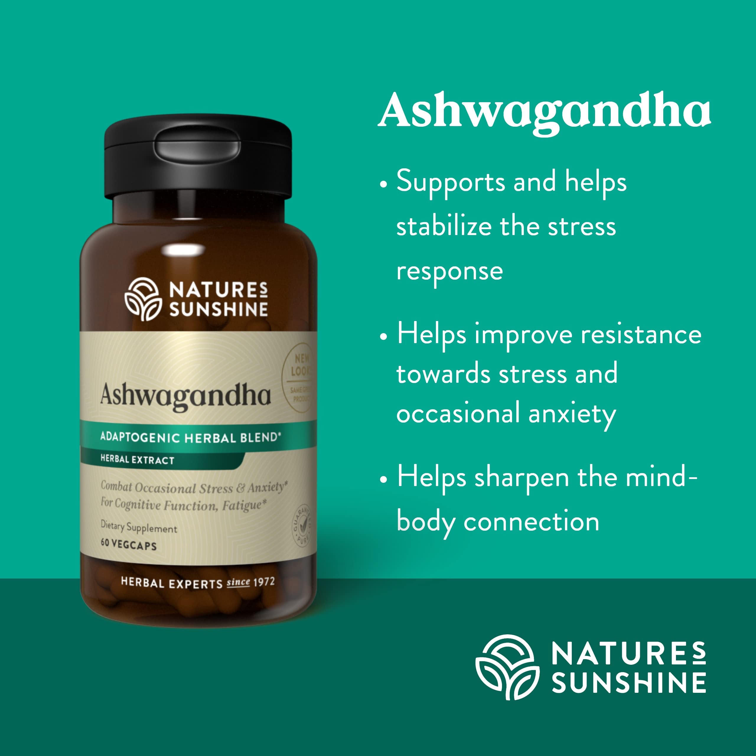 Nature's Sunshine Ashwagandha Supplement displayed with herbs