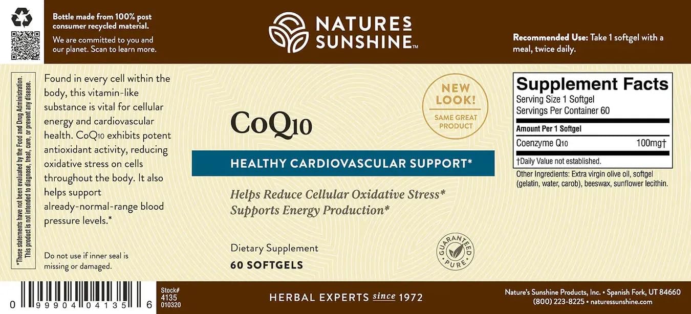 Nature's Sunshine CoQ10 Softgel Capsules 100mg on a table