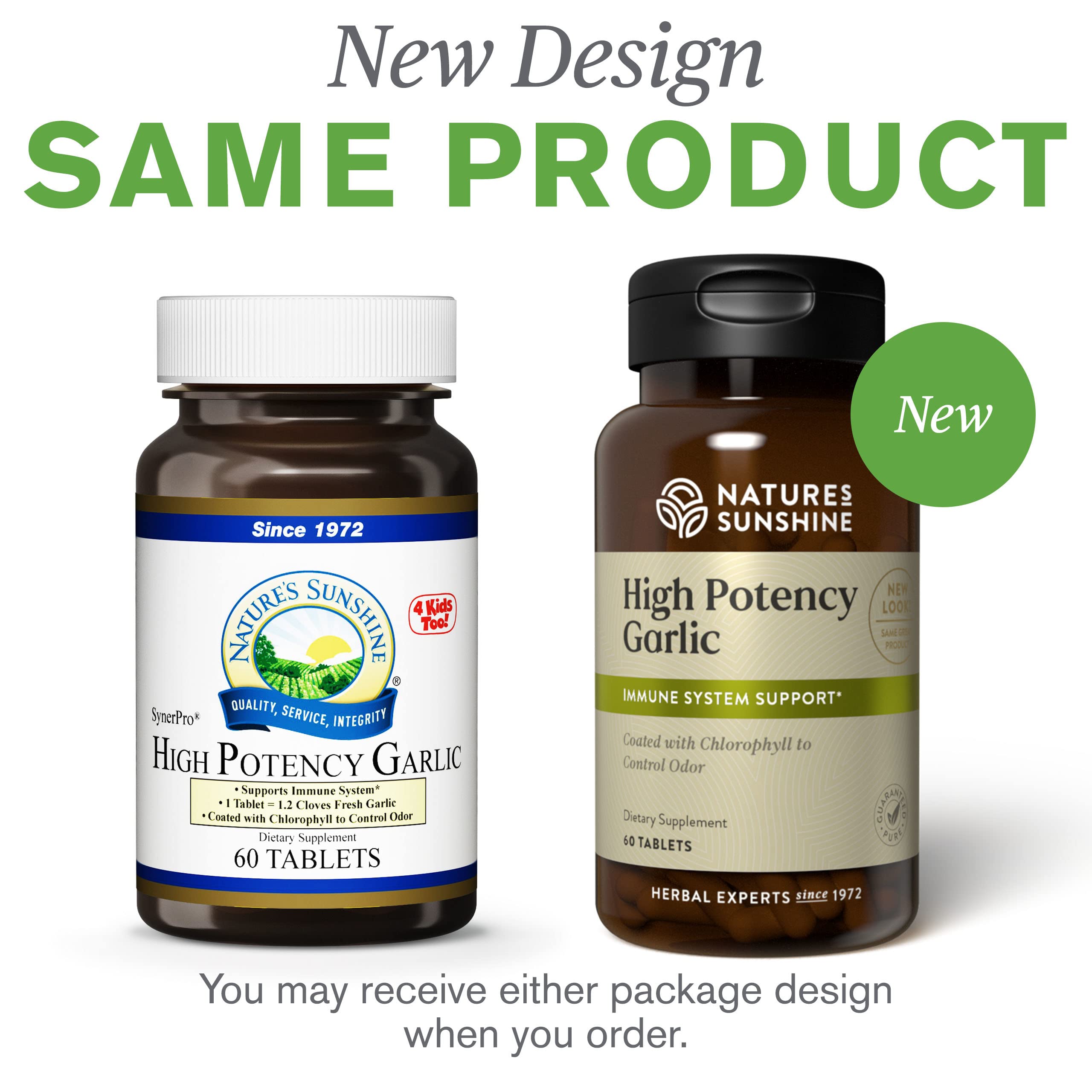 Nature's Sunshine Garlic Supplement 400mg on a wooden table