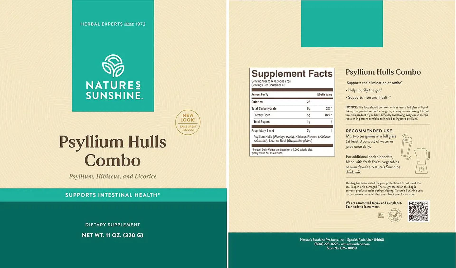 Nature's Sunshine Psyllium Hulls 331g back view with ingredients