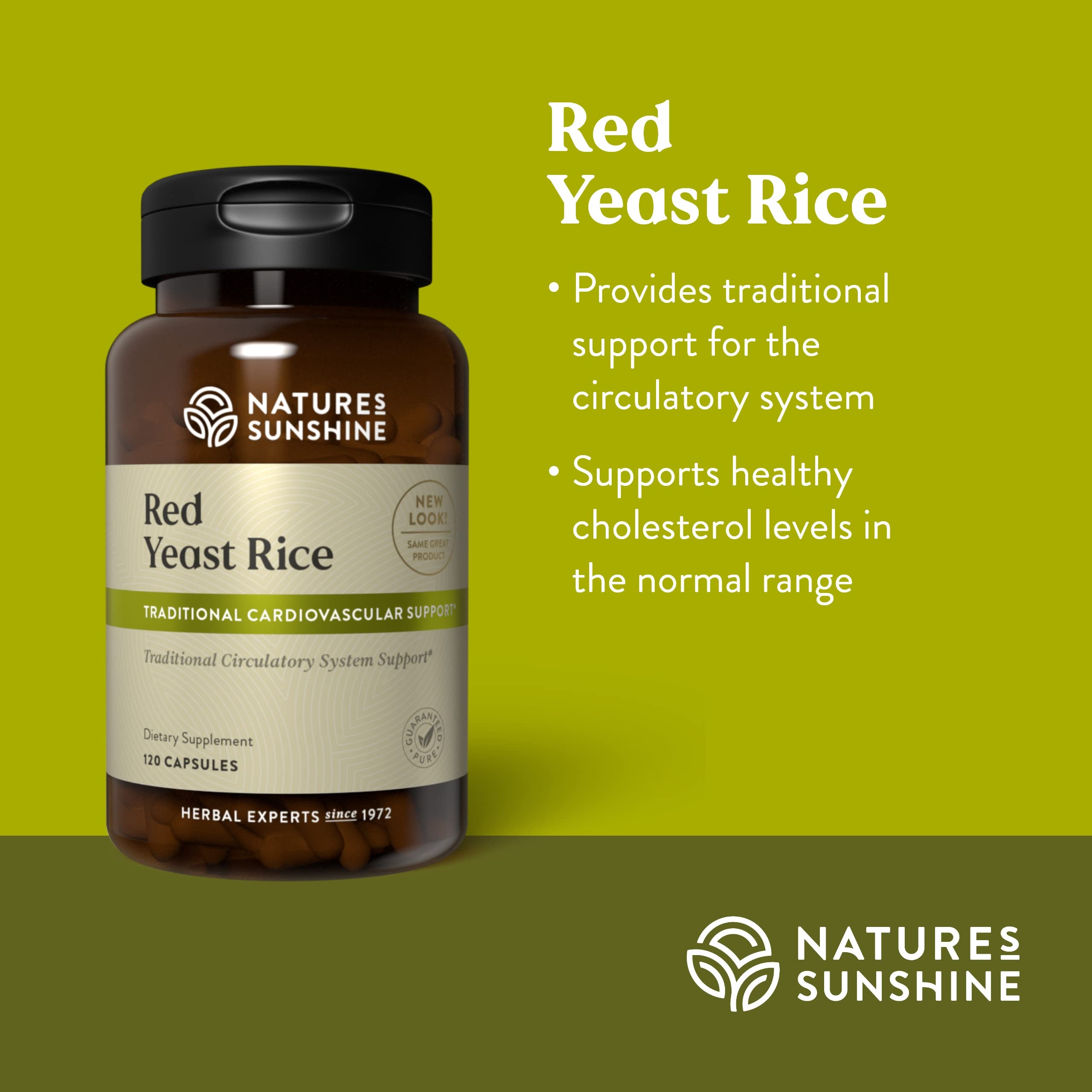 Nature's Sunshine Red Yeast Rice 1140mg supplement bottle with cap