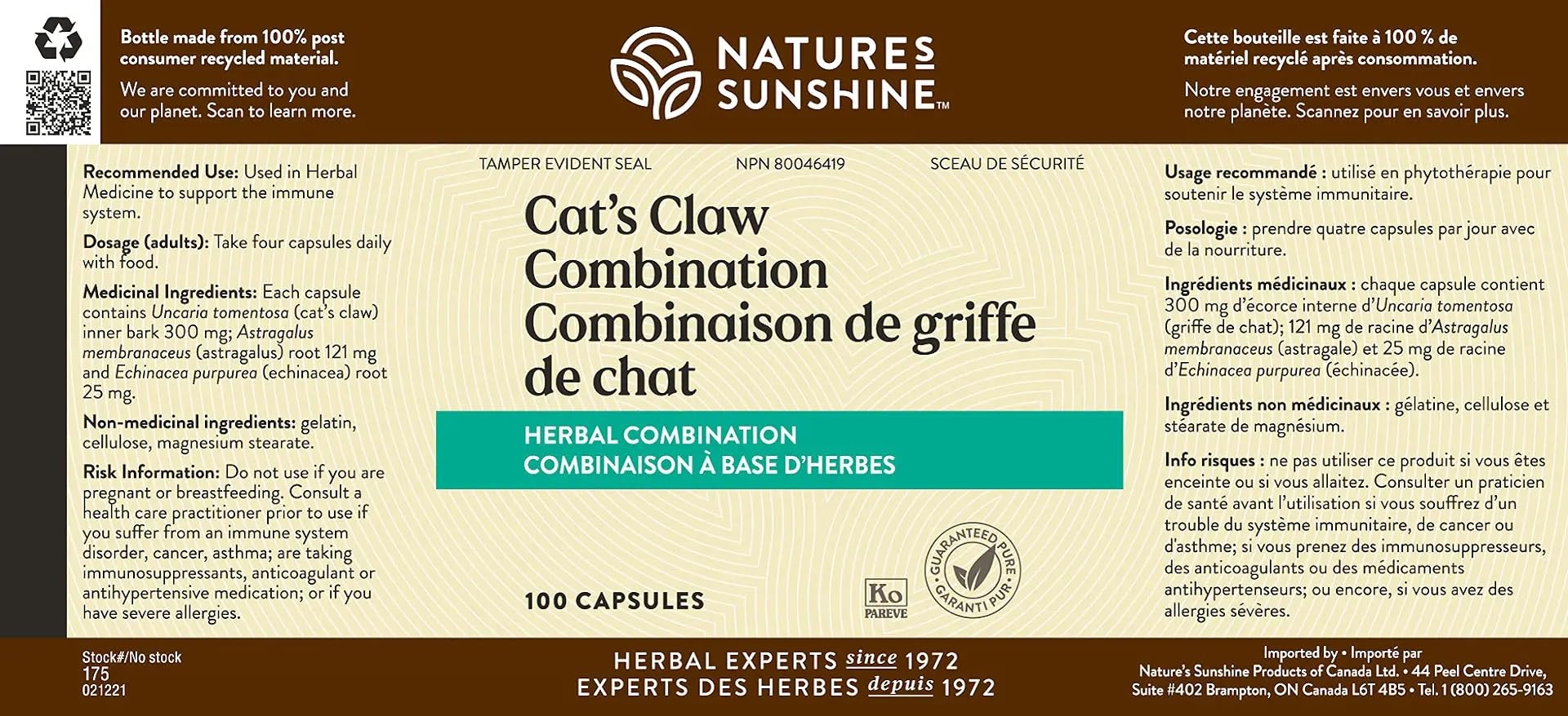Nature's Sunshine Uña de Gato Herbal Supplement packaging detail