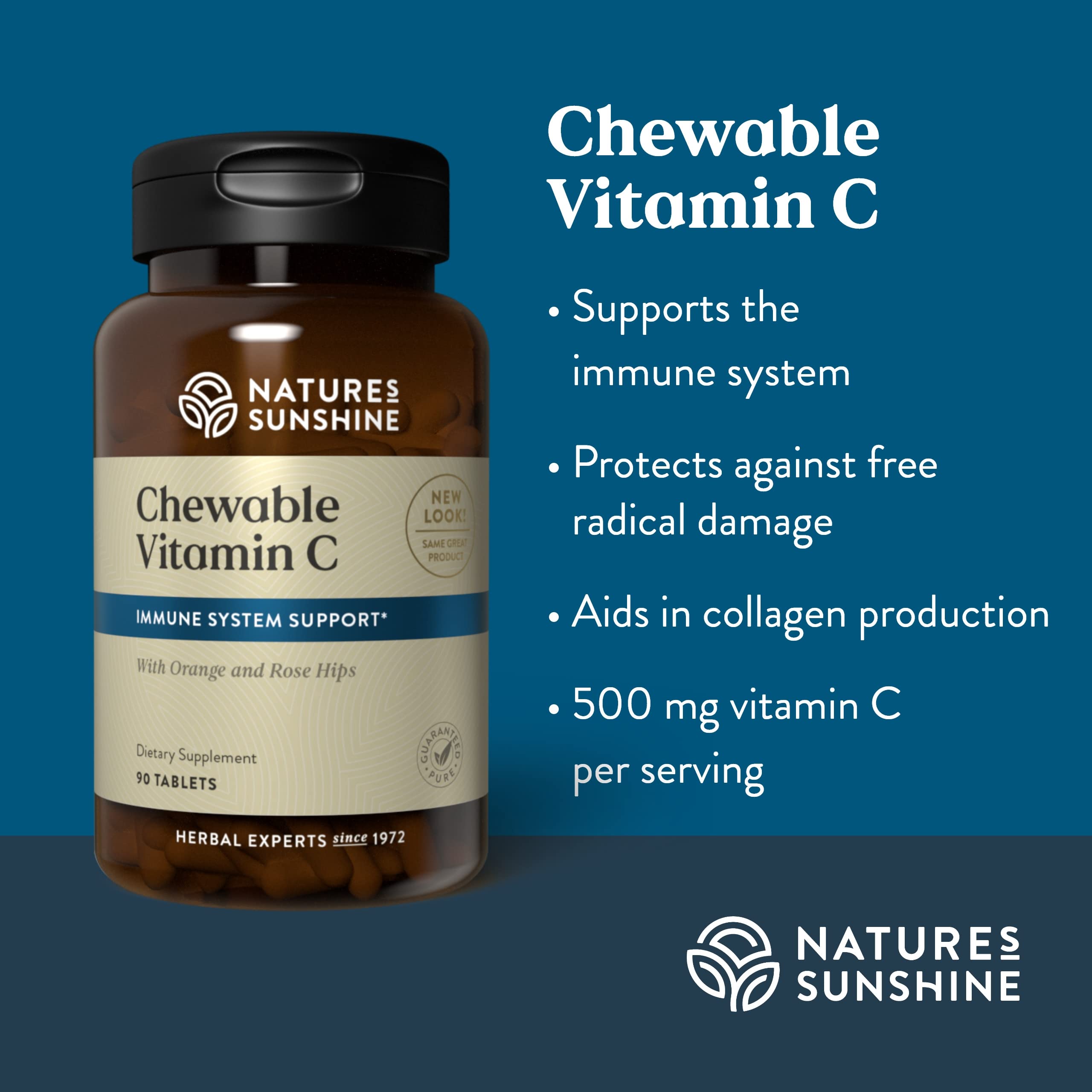 Nature's Sunshine Vitamin C Tablets 250mg lifestyle scene with a glass of water