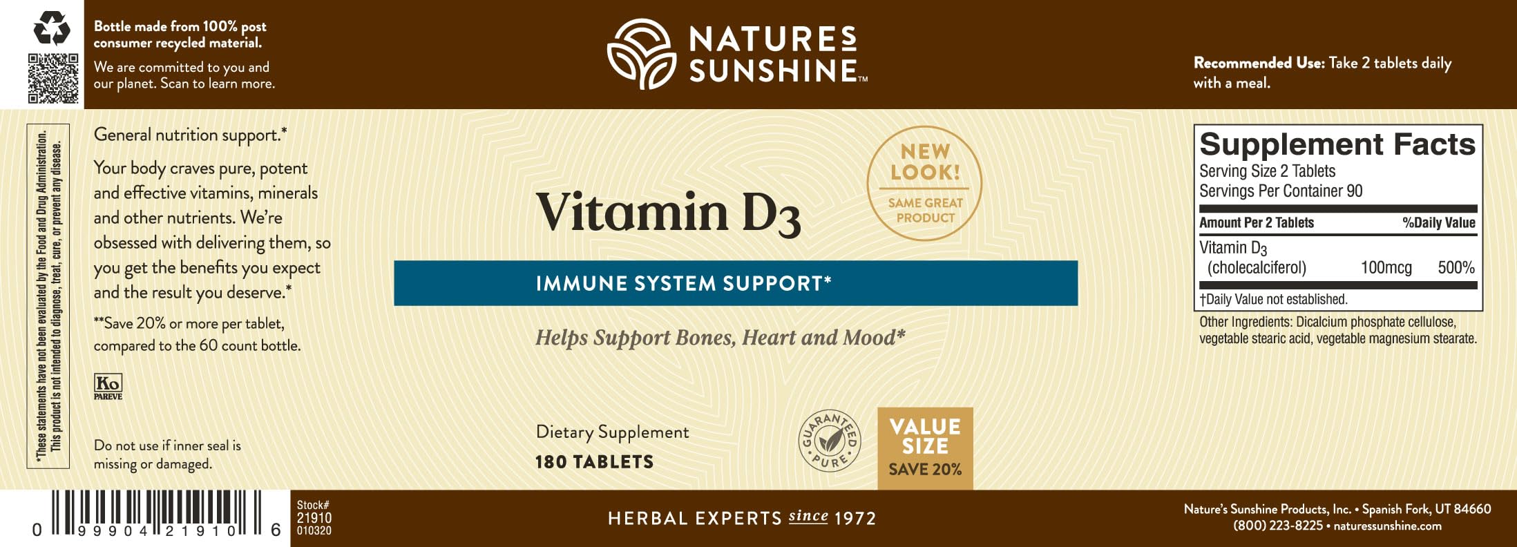 Nature's Sunshine Vitamin D3 100 mcg 120 tablets with measuring spoon