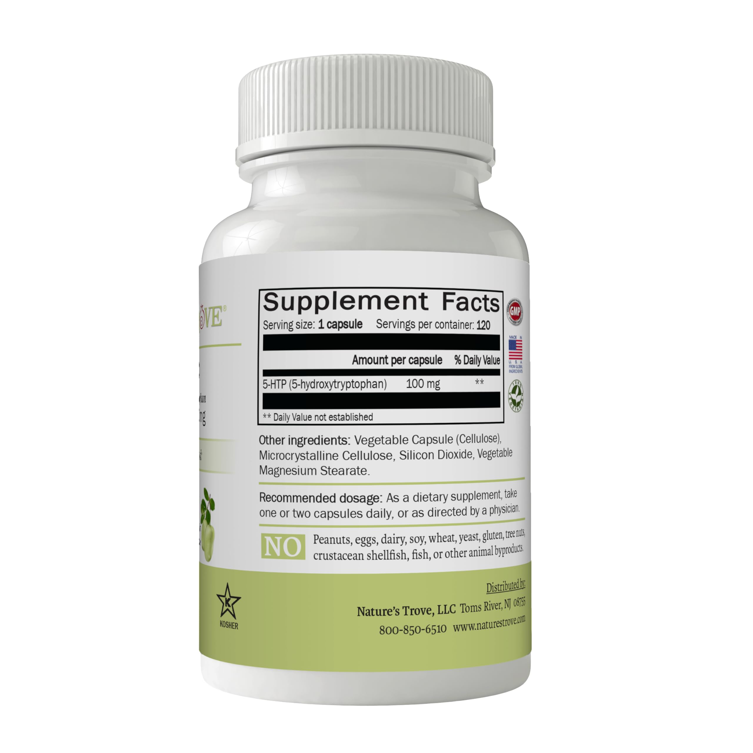 Nature's Trove 5-HTP capsules displayed on a wooden surface
