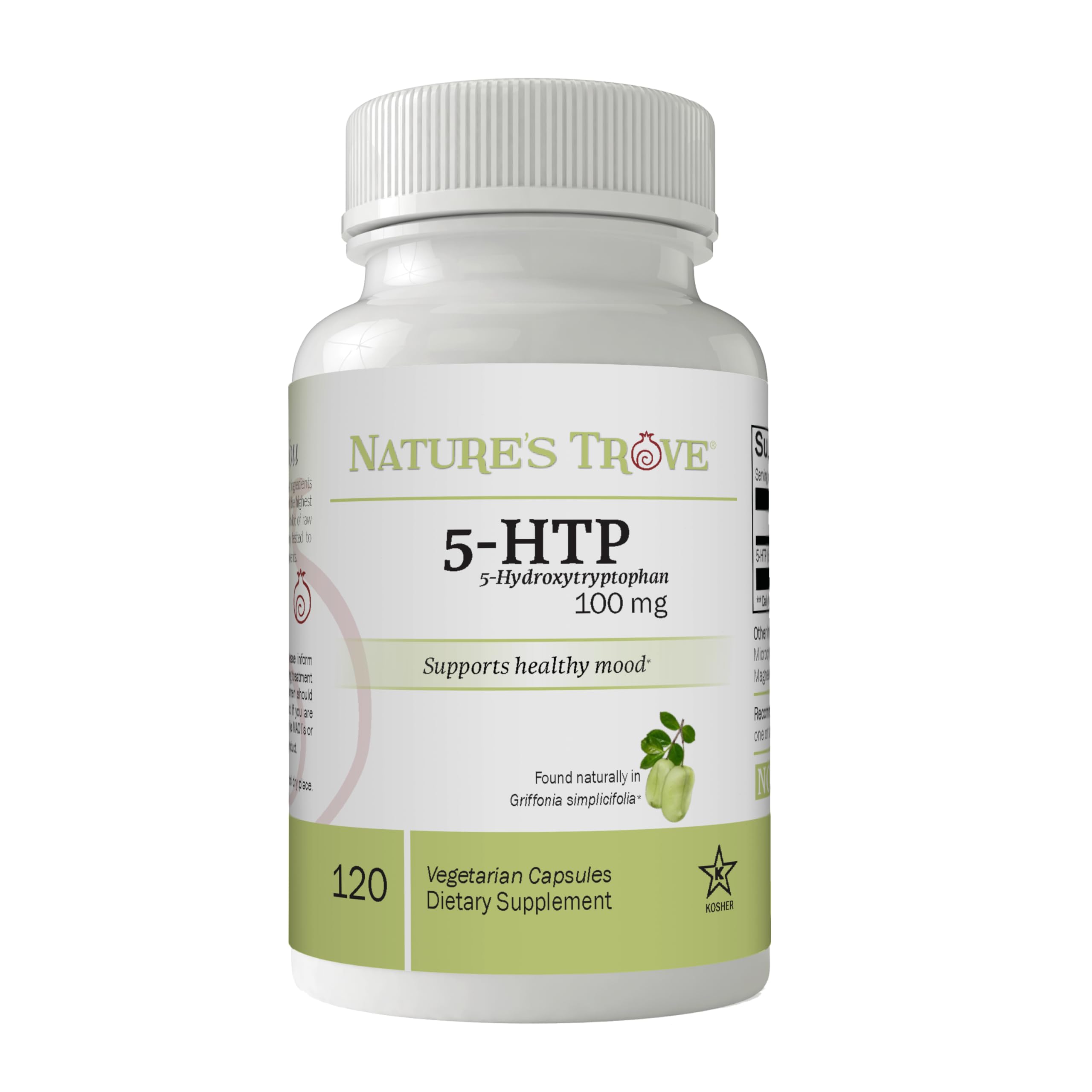 Nature's Trove 5-HTP supplement front view with packaging