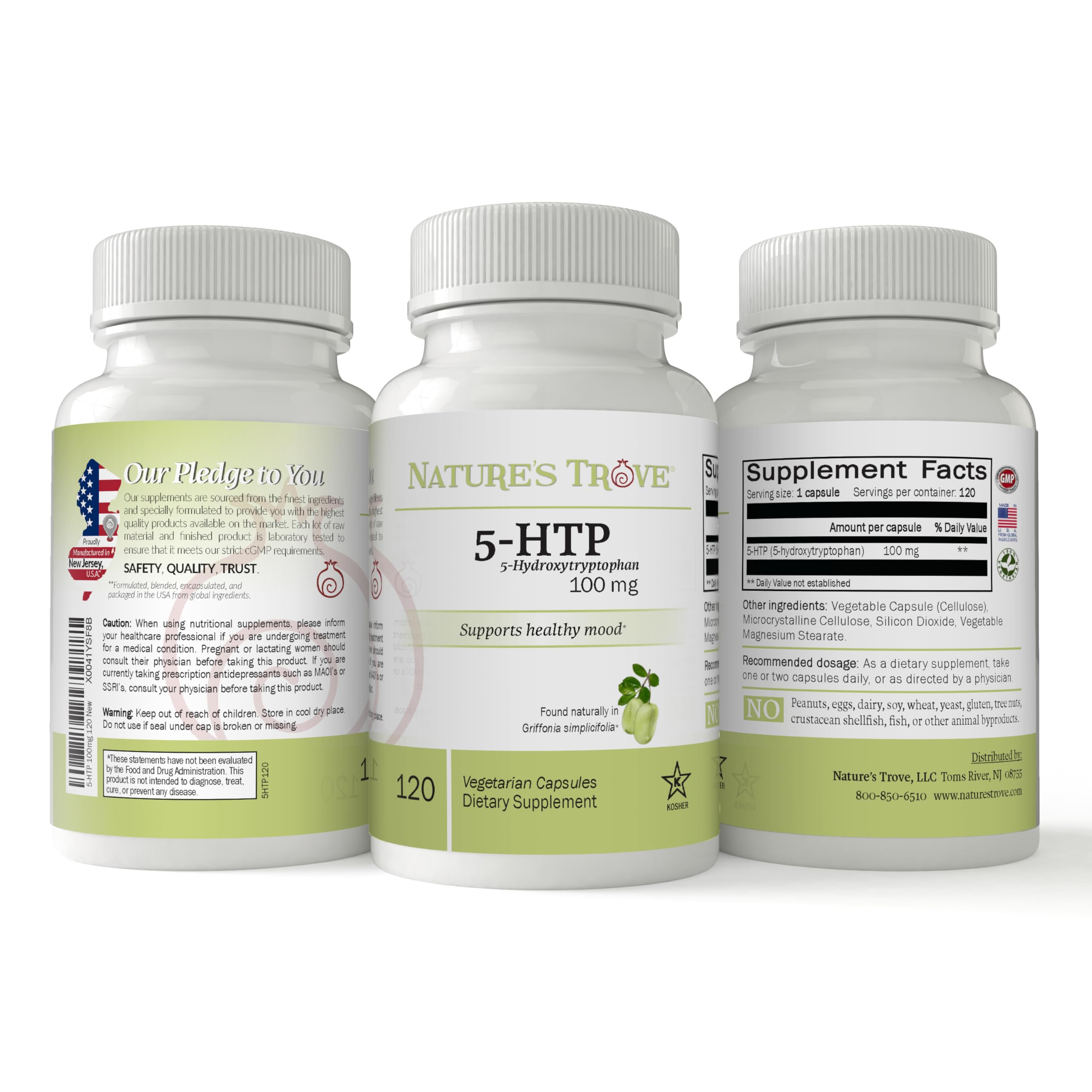 Nature's Trove 5-HTP supplement ingredients list on the back of the packaging
