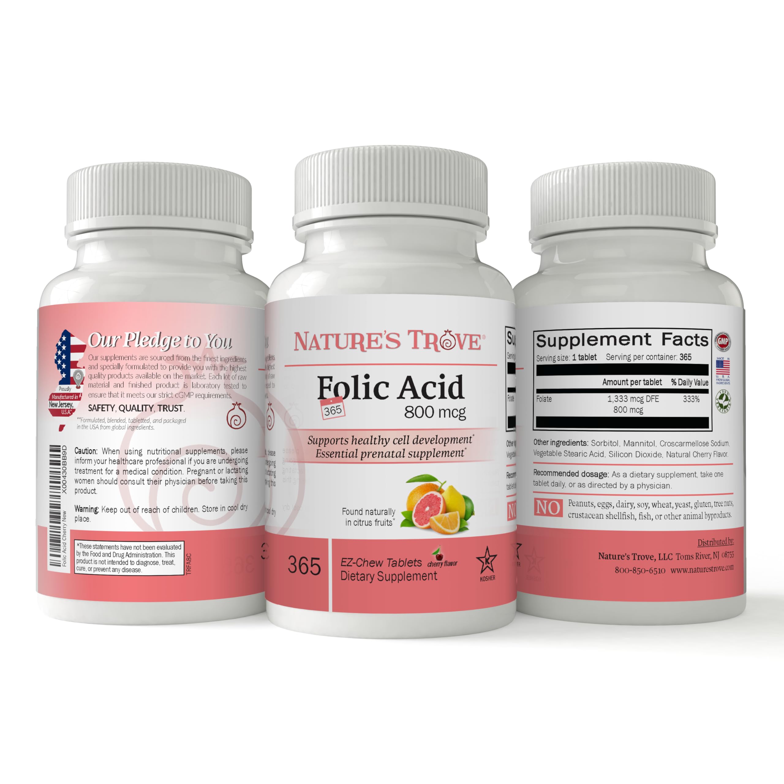 Nature's Trove Folic Acid 800 mcg chewable tablets cherry flavour side view