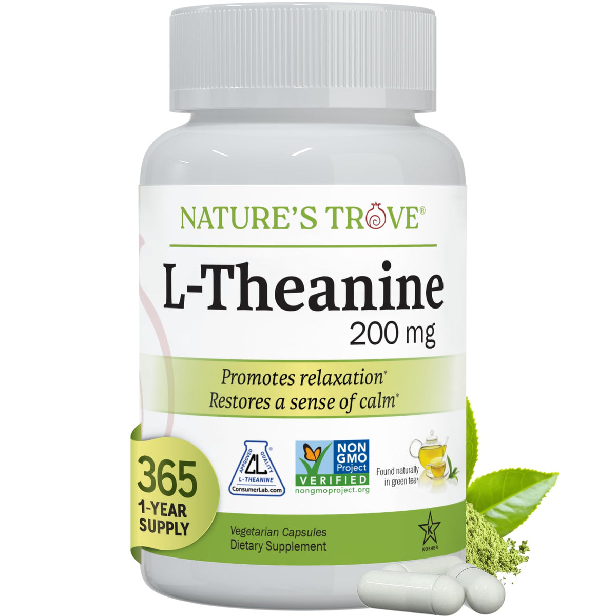 Nature's Trove L-Theanine 200mg 365 vegetarian capsules front view
